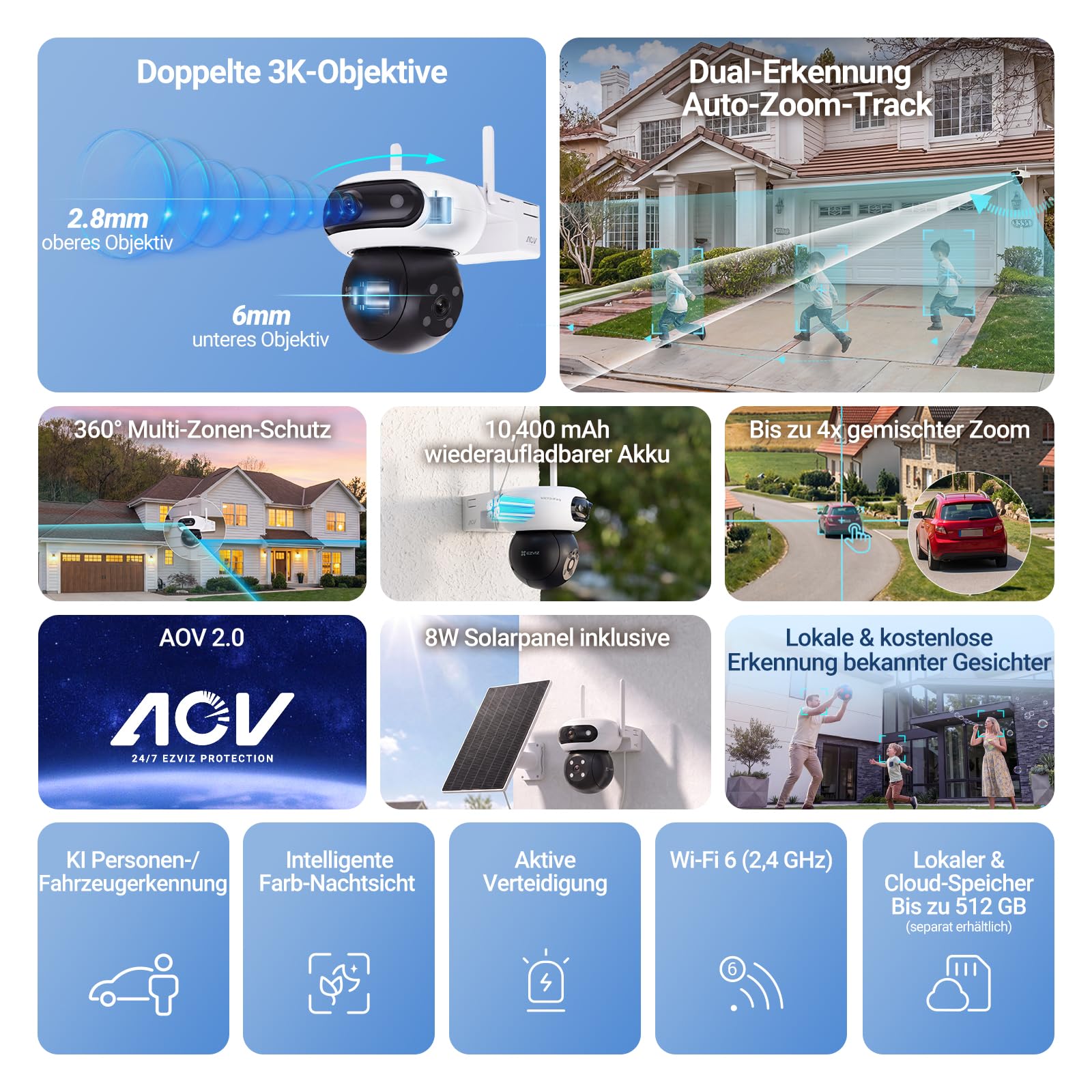 EZVIZ 3K+3K Akku Überwachungskamera Aussen mit 8W Solarpanel CB90 Dual | Dual-Objektiv, 10400mAh Batterie, Auto-Tracking, Farbnachtsicht, Personen/Fahrzeugerkennung, Zwei-Wege-Audio, Ohne Abo