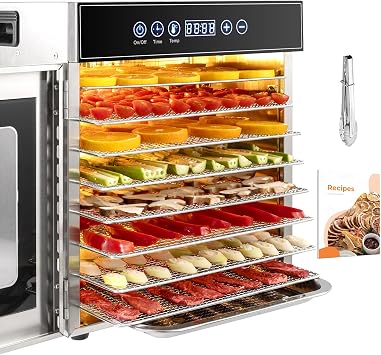 Kwasyo 8 Tray Stainless Steel Food Dehydrator, Dryer uk with 30-90 C Adjustable Thermostat & 24hr Digital Timer, Commercial Drying Fruits Machine for Fish Vegetables Meat Jerky Herb