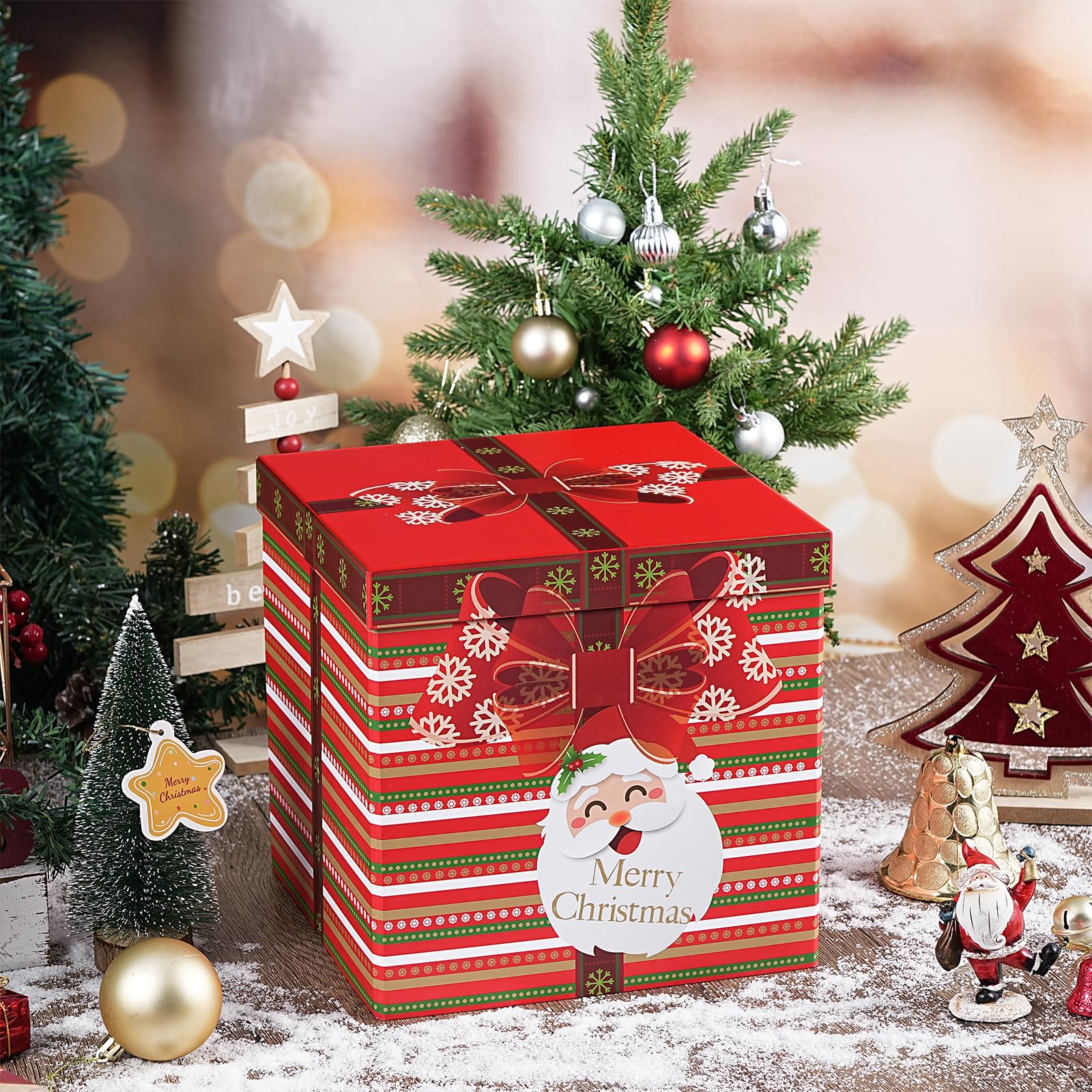 RUSPEPA Christmas Box with Lid, Santa Claus & Red Bow Design, Medium Collapsible Gift Box with Ribbon and Tissue Paper for Holiday Party, Gift Wrapping, Candy Storage, 23x23x23cm, 1 Pcs - Image 3