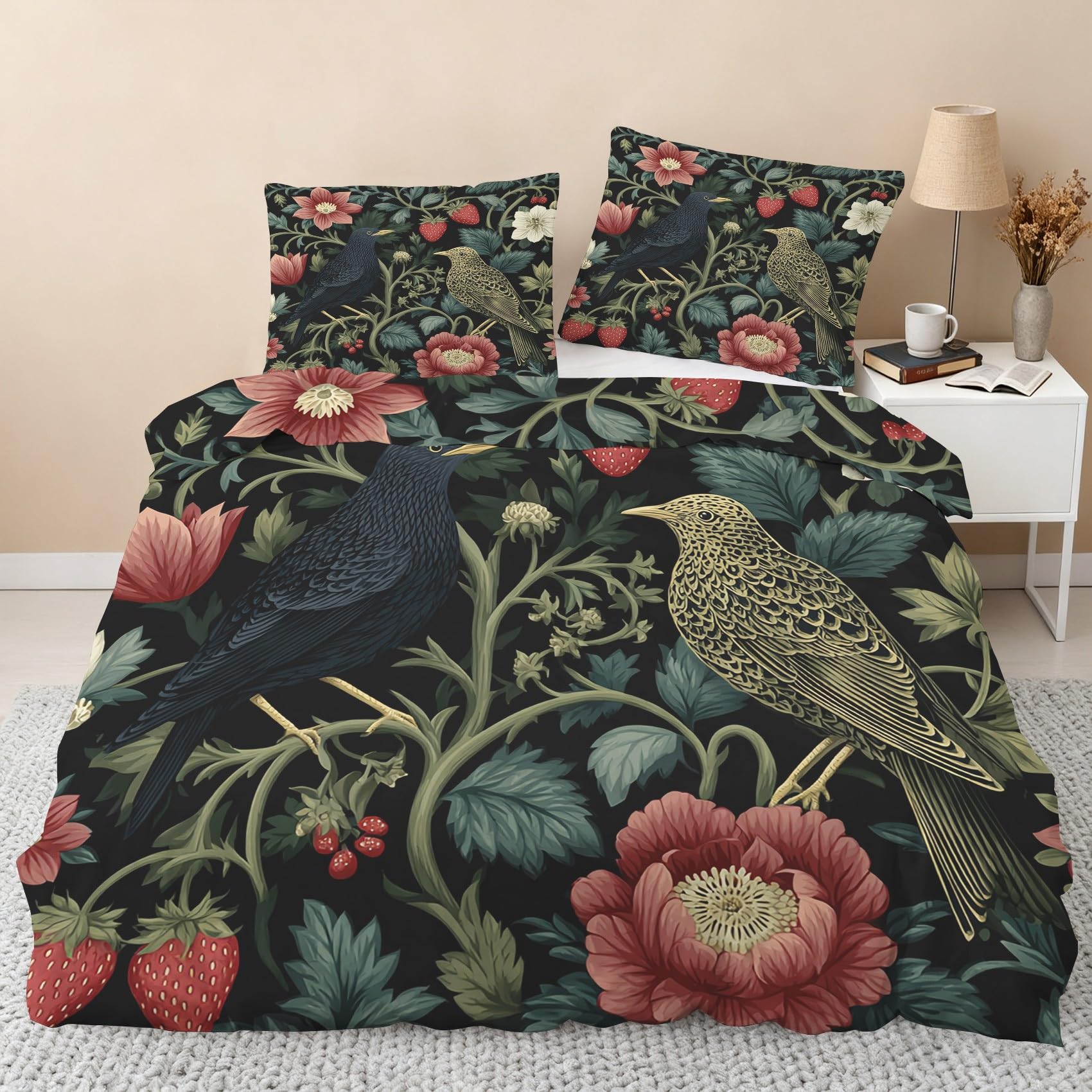 William Morris Duvet Cover Sets, Flower Strawberry Thief Single Bedding Sets, Soft Reversible Microfiber Quilt Cover & 1 Pillowcases, Zipper Closure, Bedroom Decor BhT29