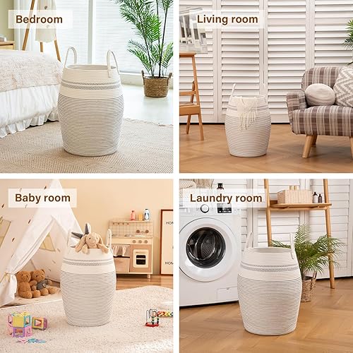 Miniatura 6 de OIAHOMY Cesta de lavandería de cuerda de algodón tejida de 66 litros, cesta de lavandería de 12.6 x 21.7 pulgadas de alto con asas de algodón