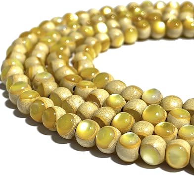 ABCGEMS Flashy Australian South-Sea Golden-Lip Shell Inlaid Wild Mamalis Whitewood Beads 2 High-Luster Shell Cabochons Per Bead Exotic Wood Handcrafted Artisan Smooth Round 10mm 8 Inches