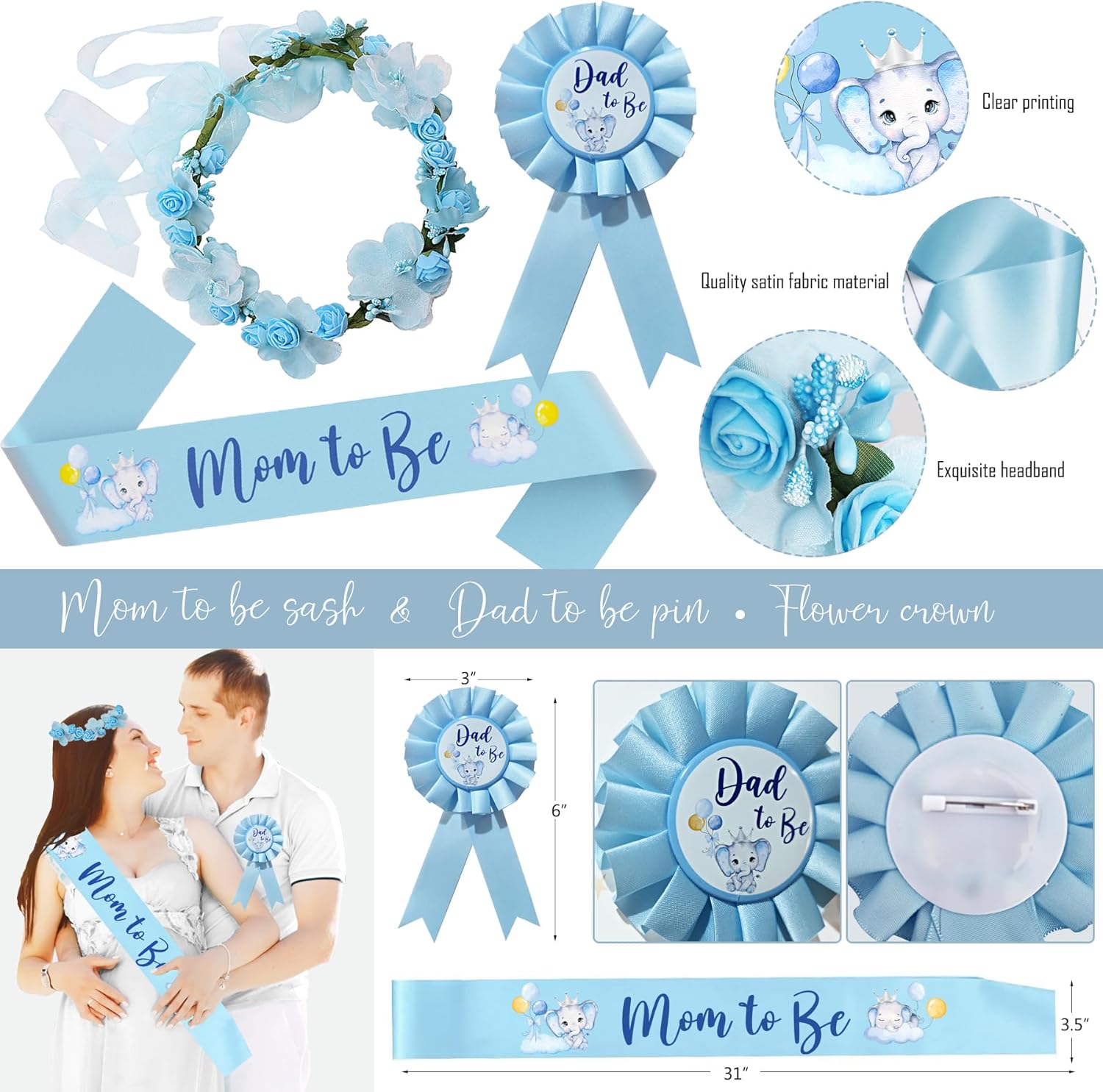 Elephant Baby Shower Decorations for Boy, Blue Elephant Baby Shower Party Supplies, It's a Boy Backdrop Tablecloth Elephant Balloon Arch BABY Box Mom to Be Sash Dad to Be Pin