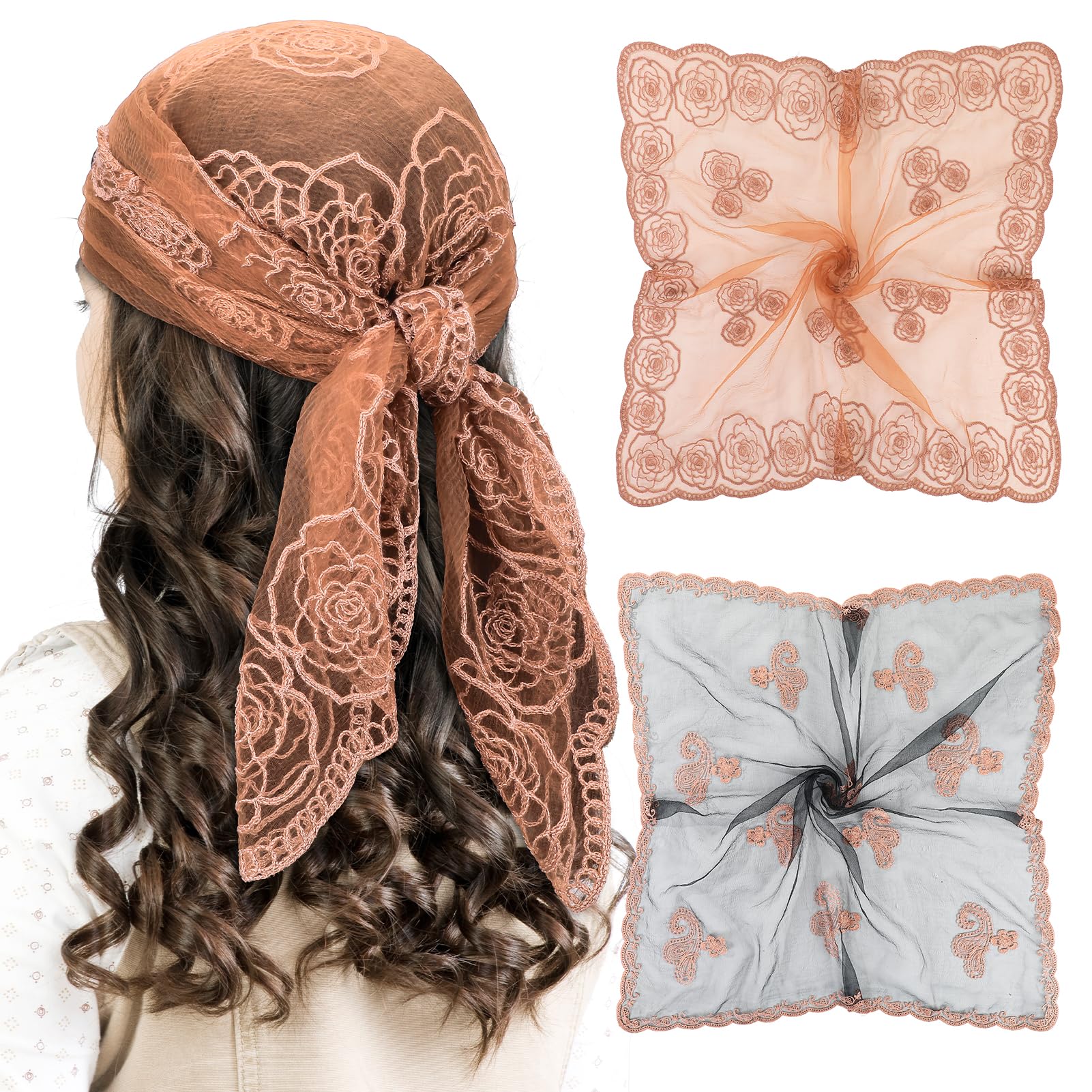 jatebi 2 Pcs 31'' Square Flower Lace Head Scarf for Women Bandana Headscarf with Sheer Lightweight Black Brown-picture-43
