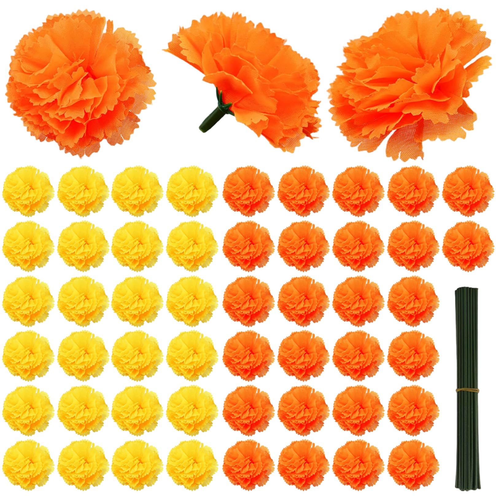 Grsrkep 100Pcs Artificial Marigold Flowers 2.2" Marigold Flowers with Stems for Diwali Home Decor DIY Dead Decorations, yellow, orange