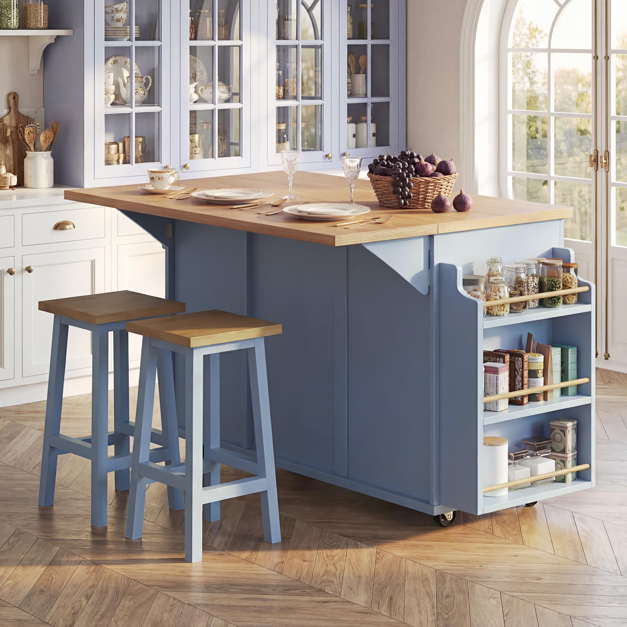 Isola da cucina mobile, carrello da cucina, tavolo da pranzo estensibile, armadietto da cucina con cassetti, cestino per vino rimovibile, scaffale laterale per snack, pattumiera, 143 x 75