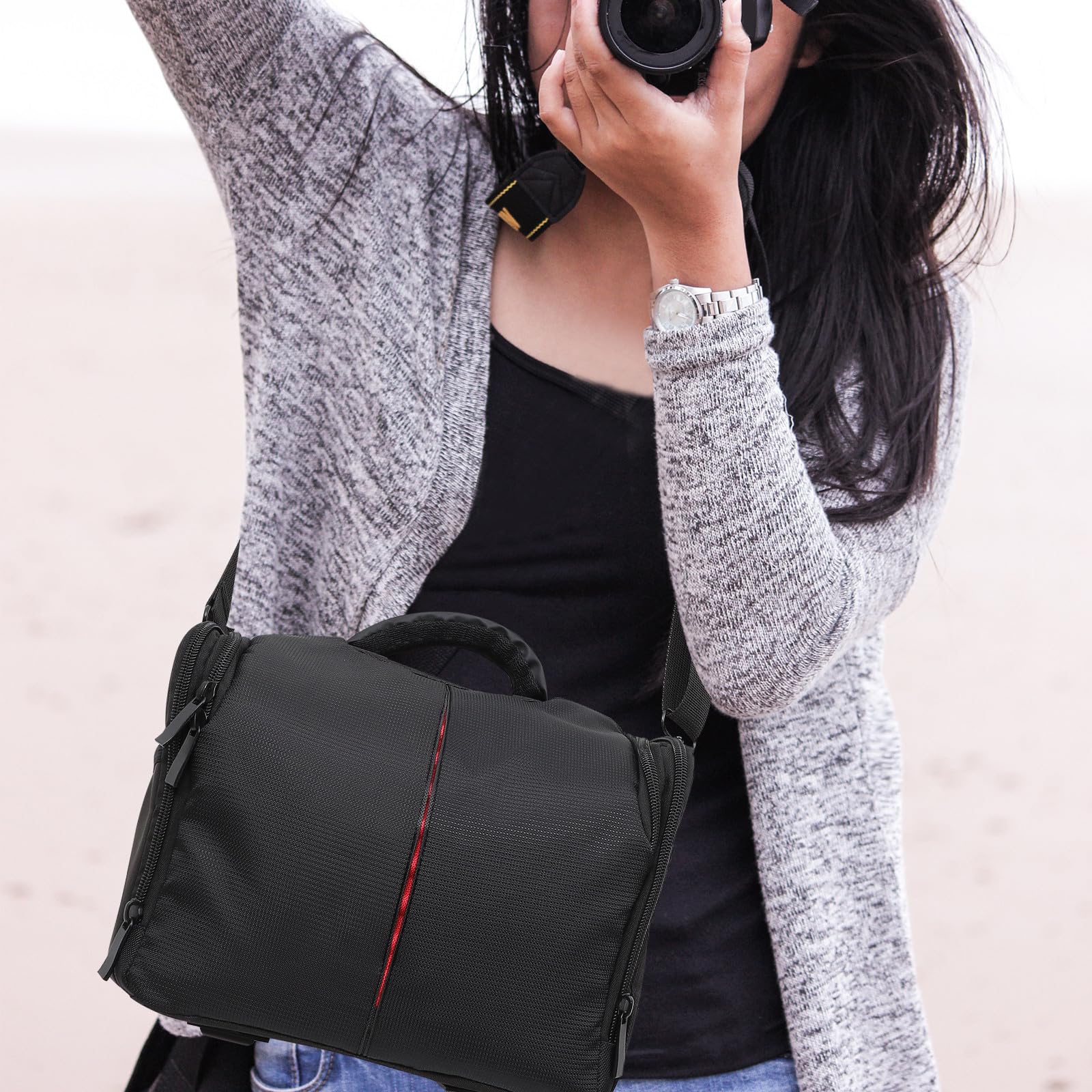Paquet pour Appareil Photo Reflex Numérique Bandoulière Réglable, Étui Rembourré Antichoc en Polyester Imperméable, Pochette pour Objectif et Housse Pluie Intégrée, Usage