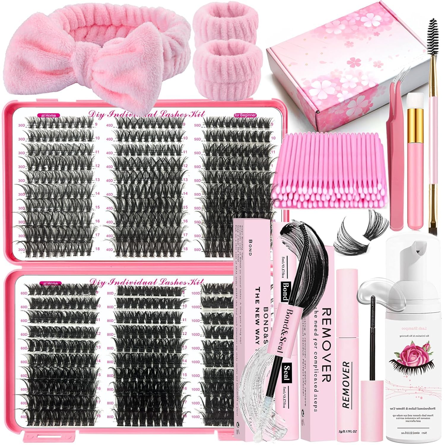 DNSGOOR Kit d'extensions de cils DIY - 590 pièces D Curl - Colle et scellant - Shampoing pour cils - Brosse de nettoyage - Bandeau - Poignet - Pince à épiler - Pinceau applicateur (LASH01)