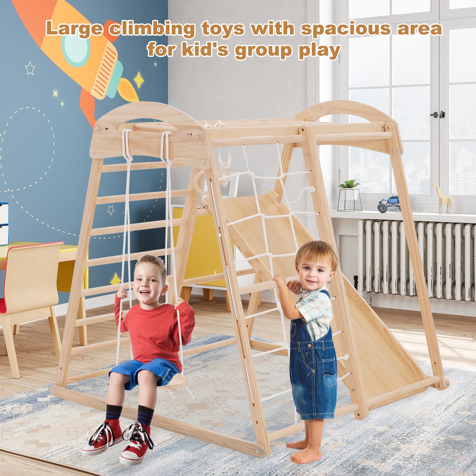 8 in 1 Klettergerüst Indoor für Kinder, Indoor Spielplatz Jungle Fitnessstudio Holz Kletter Spielset mit Rutsche, Schaukel, Affen Bars,Kletterwand, Kletterseil, Spielplatz für Kinderzimmer