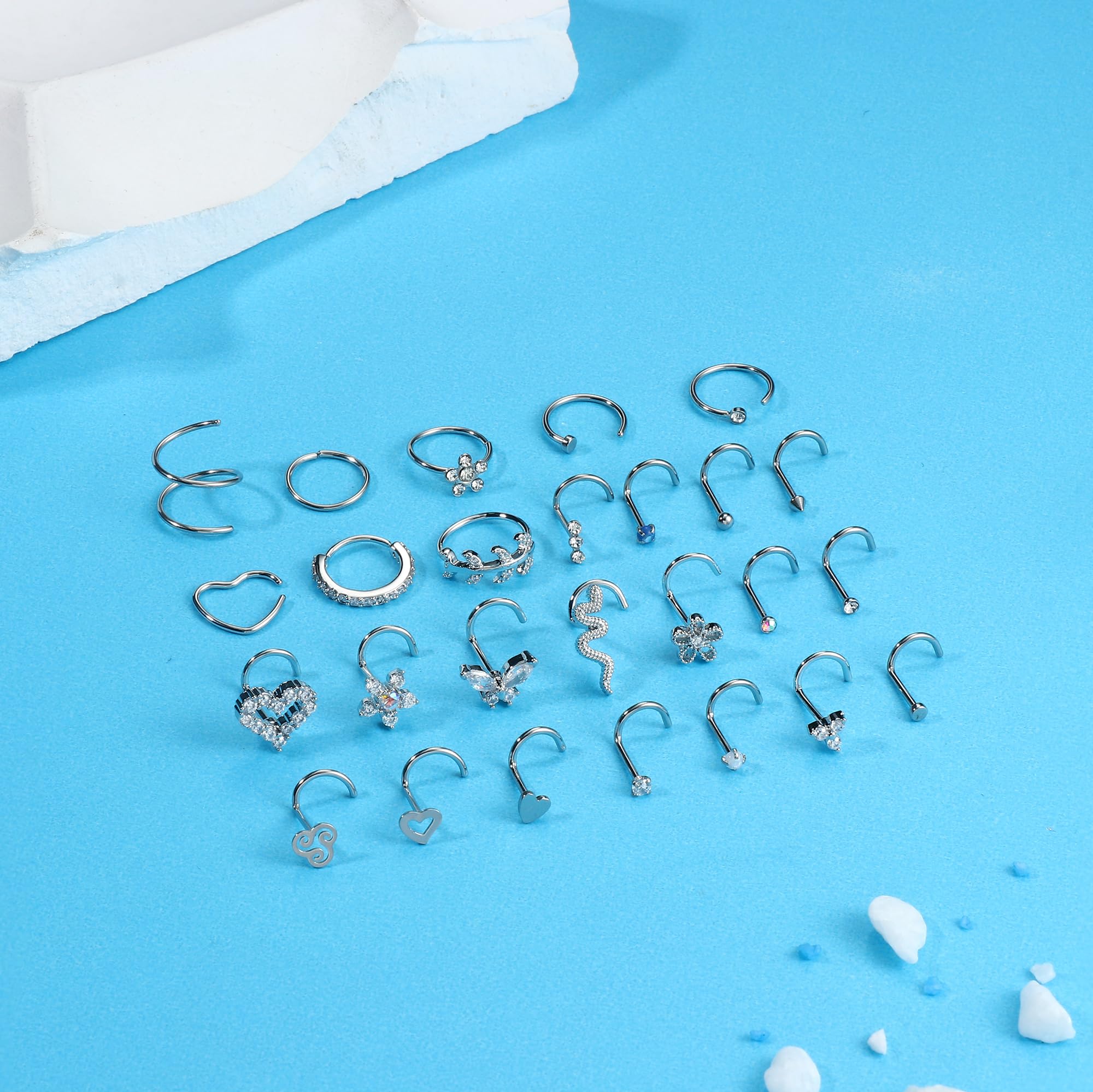 ADRAMATA 26Pcs 20G Piercing Naso Acciaio Chirurgico Piercing Naso Brillantino Piercing Naso Cerchio Farfalla Serpente CZ Argento Piercing Naso Gioielli per Donna Uomo
