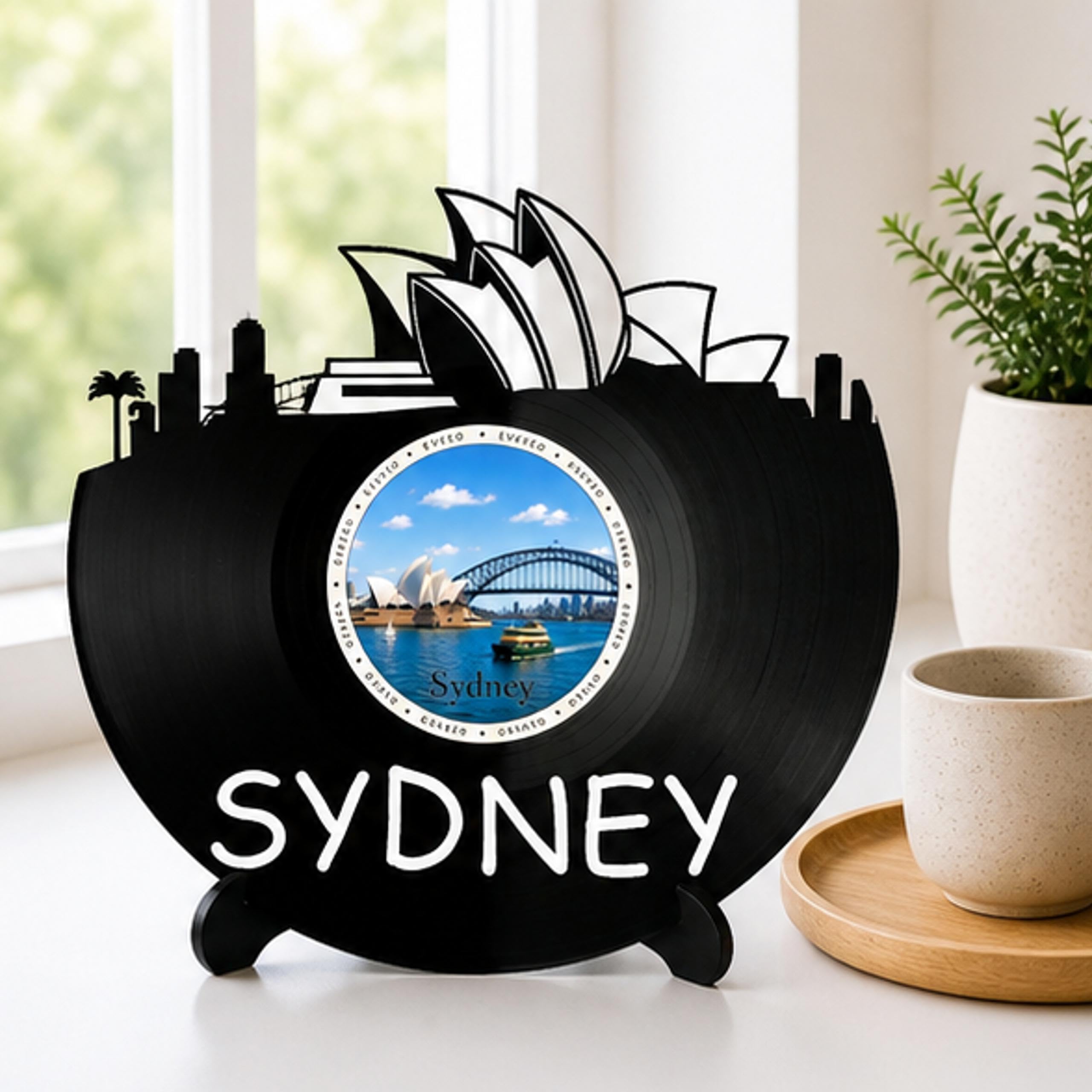EVEVO D0029 - Decorazione da parete a forma di disco di Sydney, in vinile, motivo skyline australiano, idea regalo per i globuristi e i fan dell'opera
