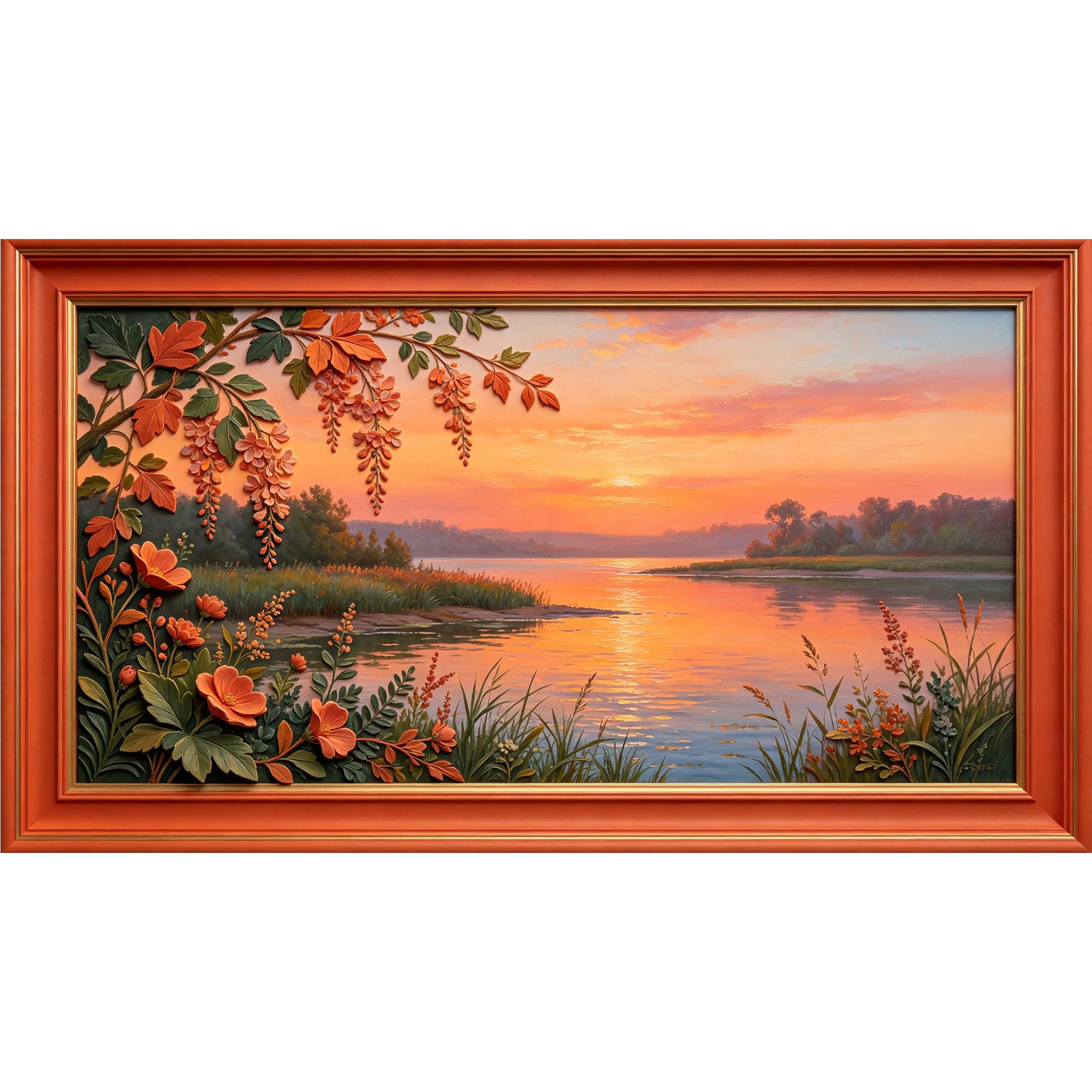 QZLITHOTIC 50x90cm3D Framed Wall Art， Sunset Lake Landscape Botanical Self‑Adhesive Mural， Water‑Activated Peel & Stick Fabric Decor Wall Decal for Bedroom Living Room