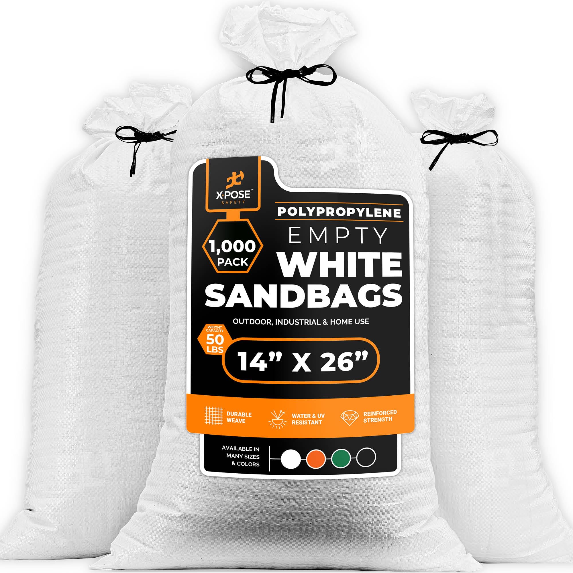Xpose Safety Heavy Duty Sand Bags with Tie Strings – Empty Woven Polypropylene Sandbags for Hurricane Flood Protection, 50 lb Capacity, 14" x 26", White, Pack of 1000
