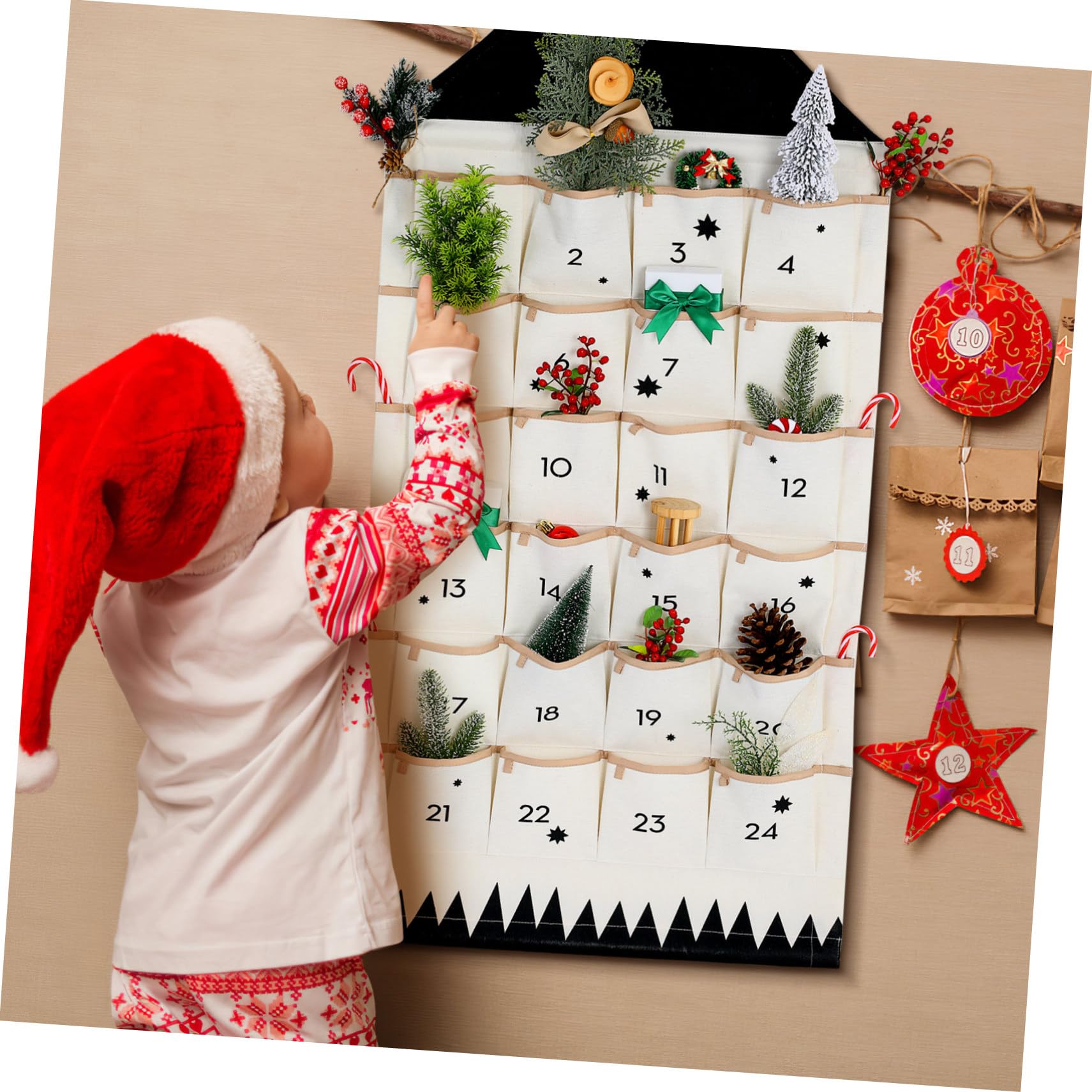 HOMSFOU Weihnachtskalender Wandbehangtasche aus Baumwollstoff Hausform Multifunktional zum Aufhängen an Wand oder Tür als Adventskalender