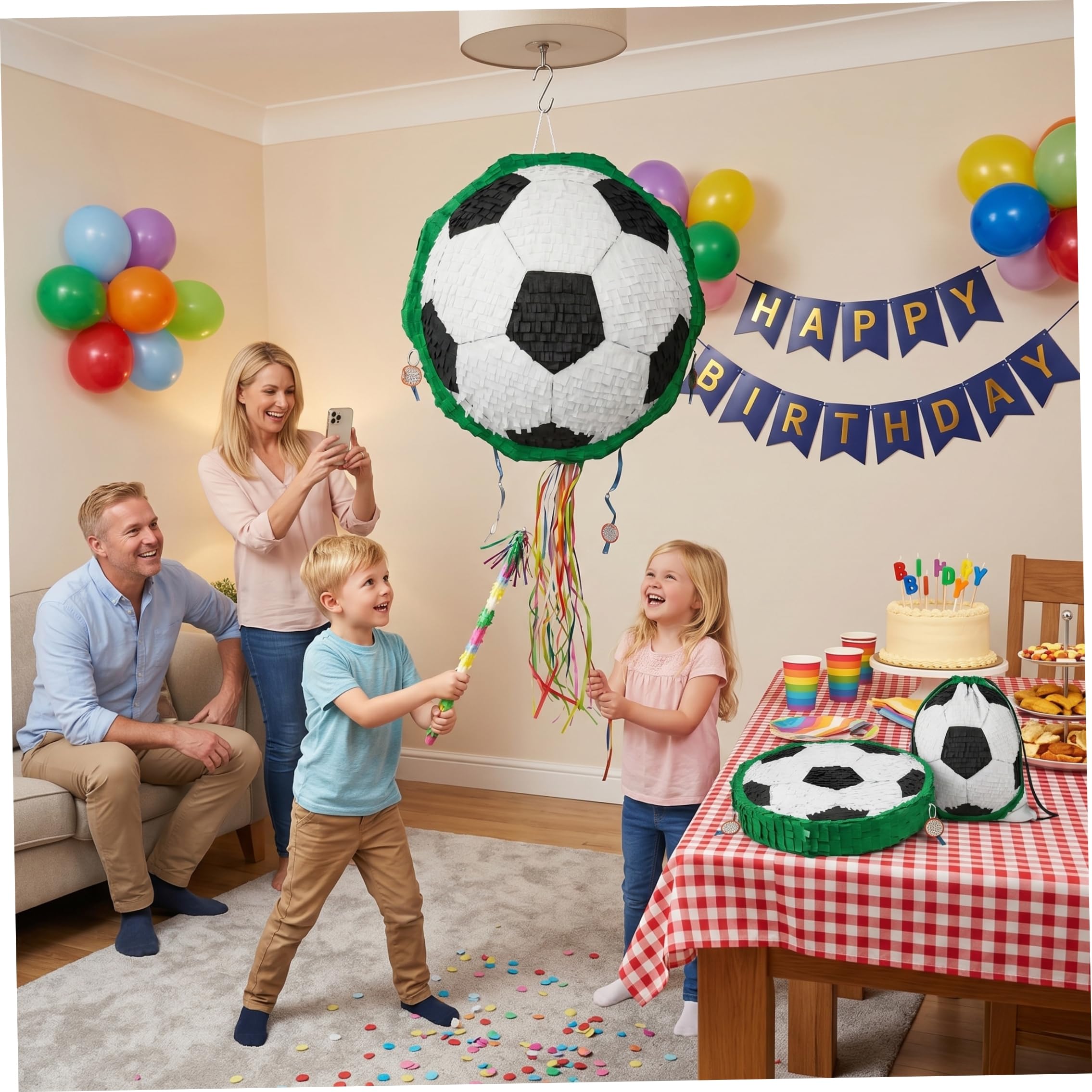 Decorazioni per feste di compleanno a tema calcio, pieghevoli, con doppia modalità di gioco, bastone, benda e coriandoli, decorazioni
