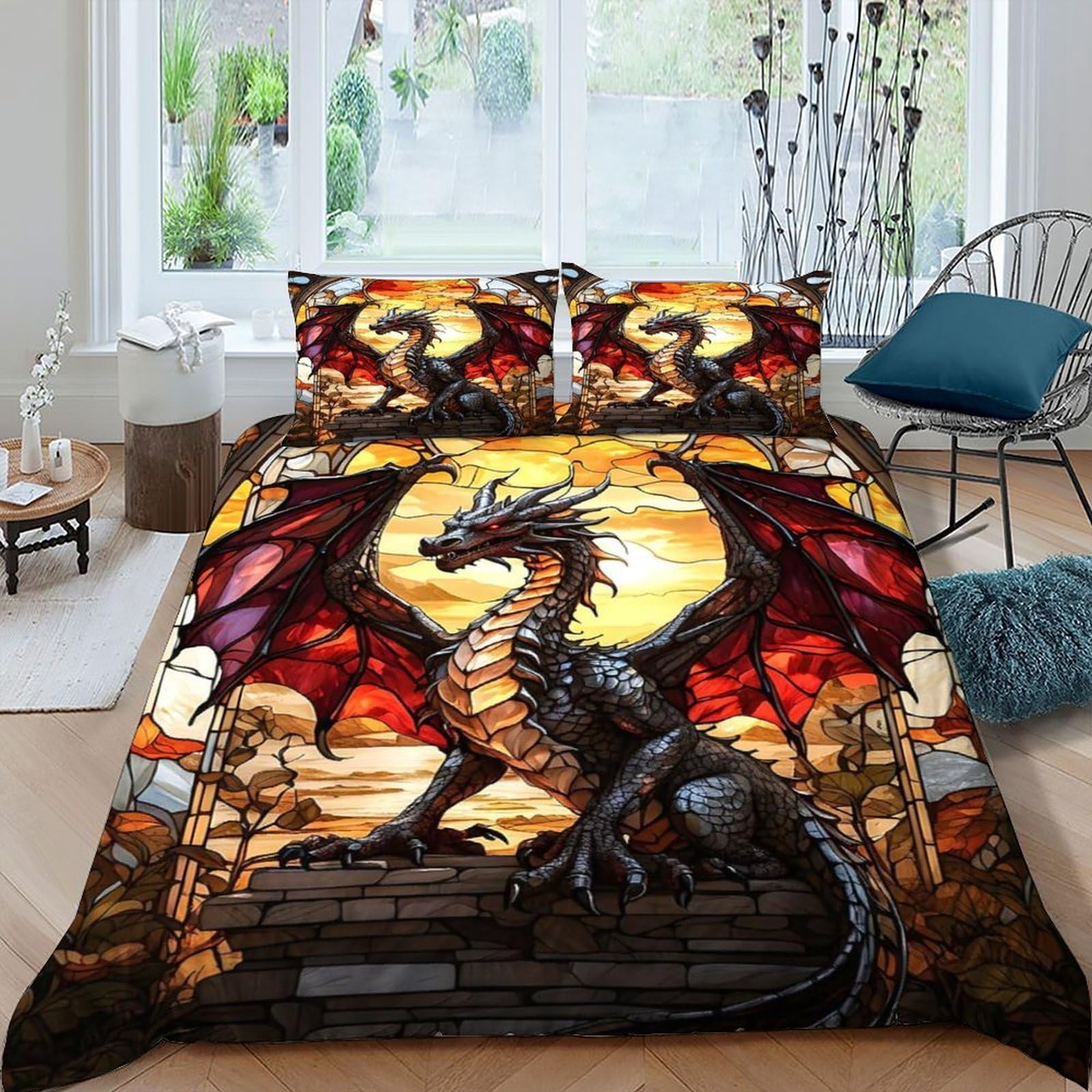 Housse de couette dragon imprimé animal 3 pièces lit 2 personnes