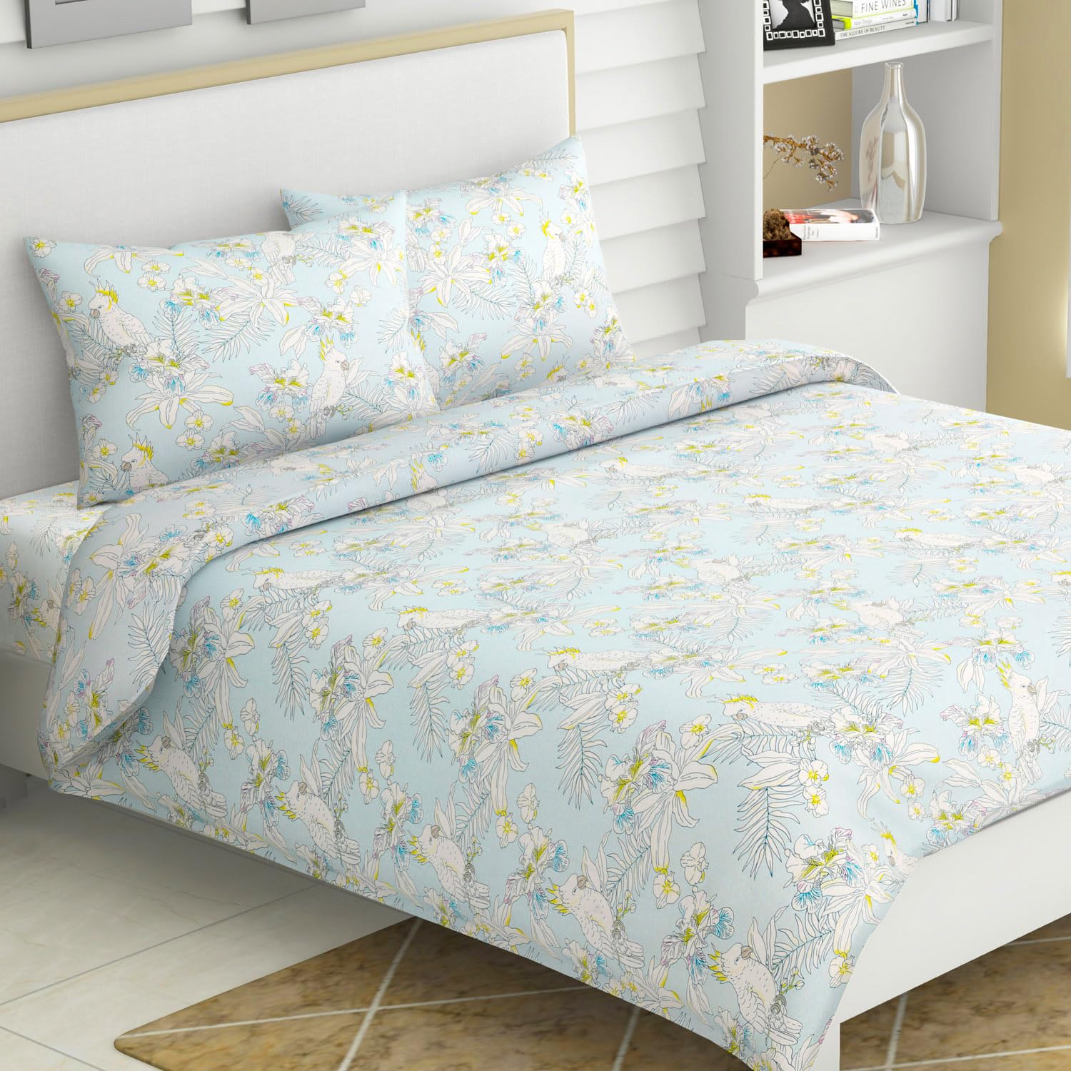 haus & kinder 144 TC Pure Cotton Bedsheets King Size Bed Sheet for Double Bed with 2 Pillow Covers-Tropical Bird Bedsheet, Multicolor
