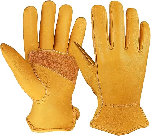 OZERO Leather Work Gloves for Men, Cowhide Gardening Gloves with Reinforced Palm, Flexible Keystone Thumb, Elastic Wrist