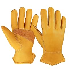 OZERO Leather Work Gloves for Men Cowhide Gardening Gloves with Reinforced Palm Flexible Keystone Thumb Elastic Wrist