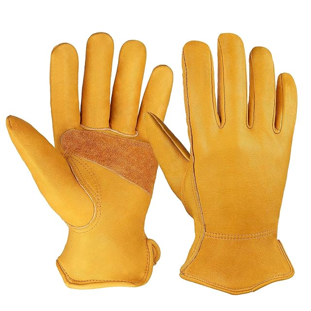 OZERO Leather Work Gloves for Men Cowhide Gardening Gloves with Reinforced Palm Flexible Keystone Thumb Elastic Wrist