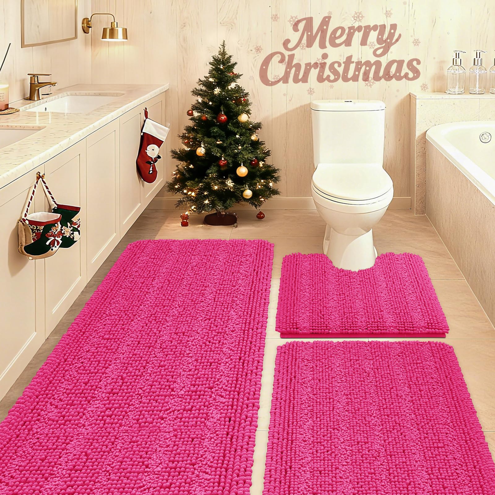 ACCUMTEK Christmas Striped Hot Pink Bathroom Rug Set 3 Pieces Ultra Soft, Non Slip Chenille Toilet Mat, Absorbent Plush Shaggy Bath Mats for Bathroom, Bedroom, Kitchen, Peach