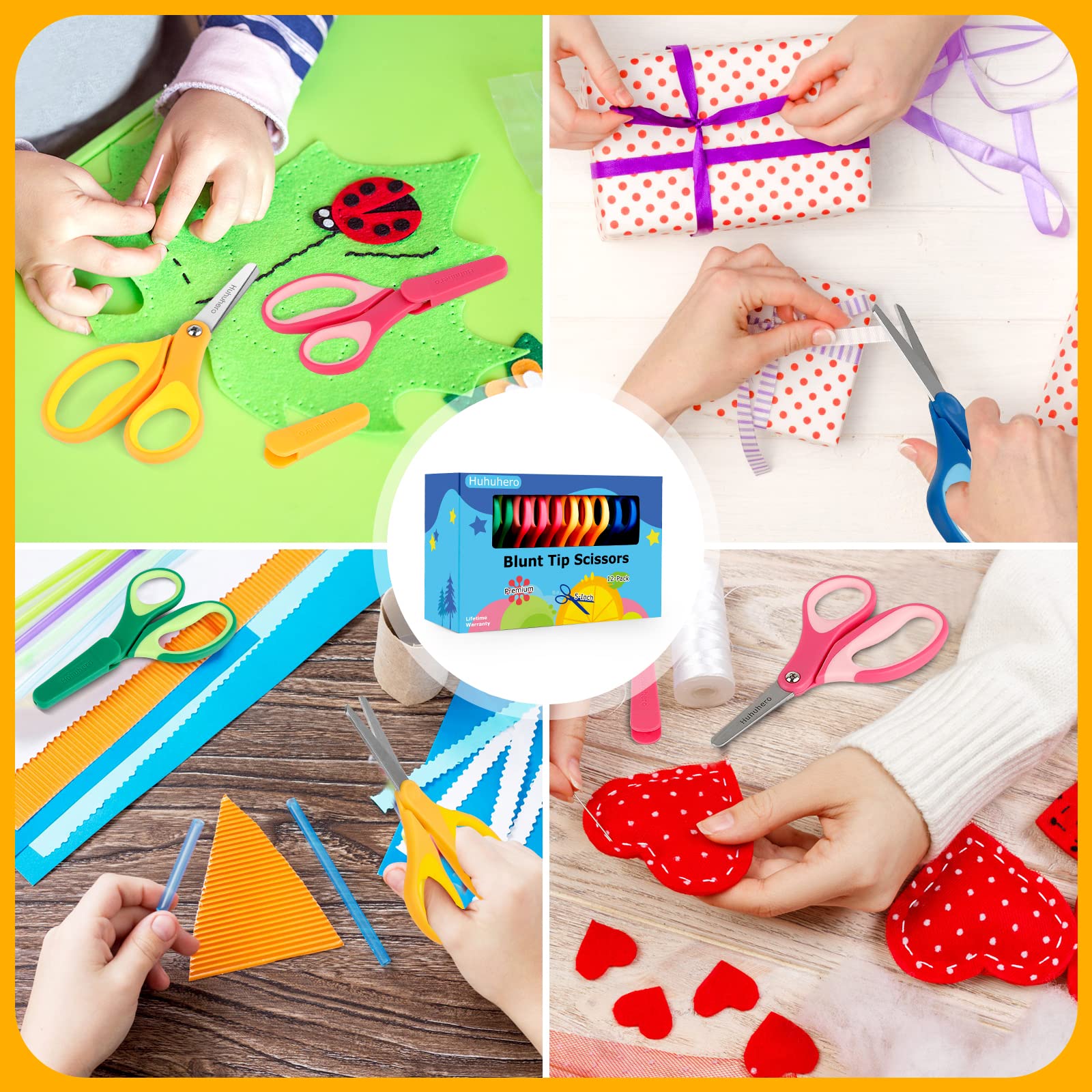 Huhuhero Kinderschere, 12,7 cm kleine Sicherheitsschere, stumpfe Spitze, weicher Griff, Rechts-/Linkshänder, Kinderschere für Schule, Klassenzimmer, Kinder, Bastelbedarf, verschiedene Farben, 12 Stück