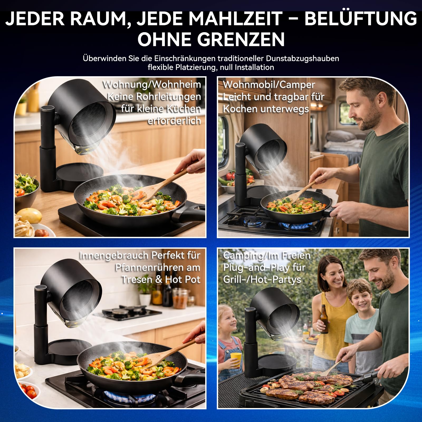Mobile Dunstabzugshaube ohne Installation, tragbare Mini Abzugshaube mit Ölsammelbox, teleskopisch & 90° neigbar 3-stufig leise, waschbarer wiederverwendbarer Doppelfilter für Küche Wohnung RV Camping