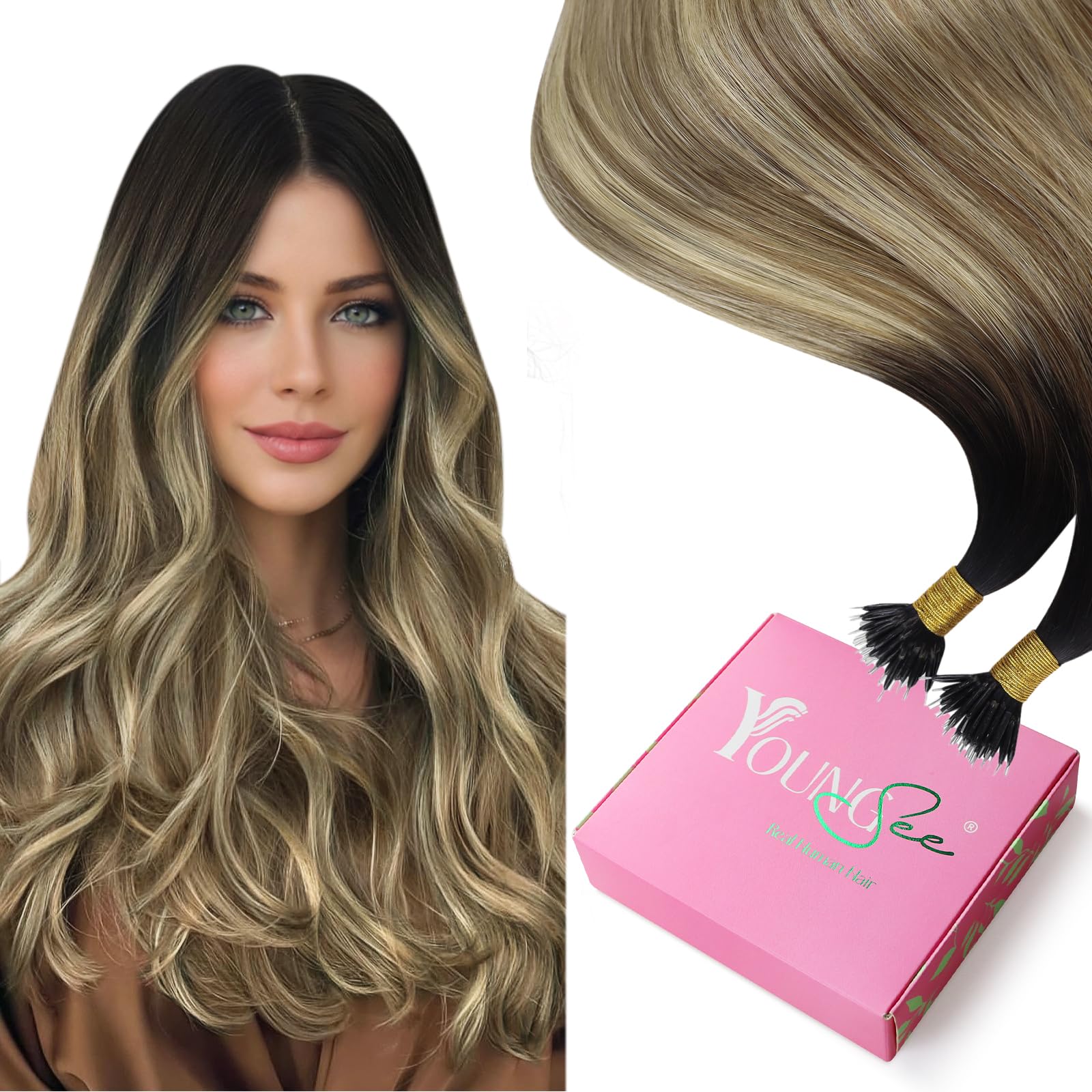 YoungSee Nano Beads Hair Extensions Blonde 14inch Nano Hair Extensions Warm Ash Blonde Highlights Bleach Blonde Nano Ring Hair Extension Highlight for Women Cold Fusion 50g Short Straight 50s — view 39