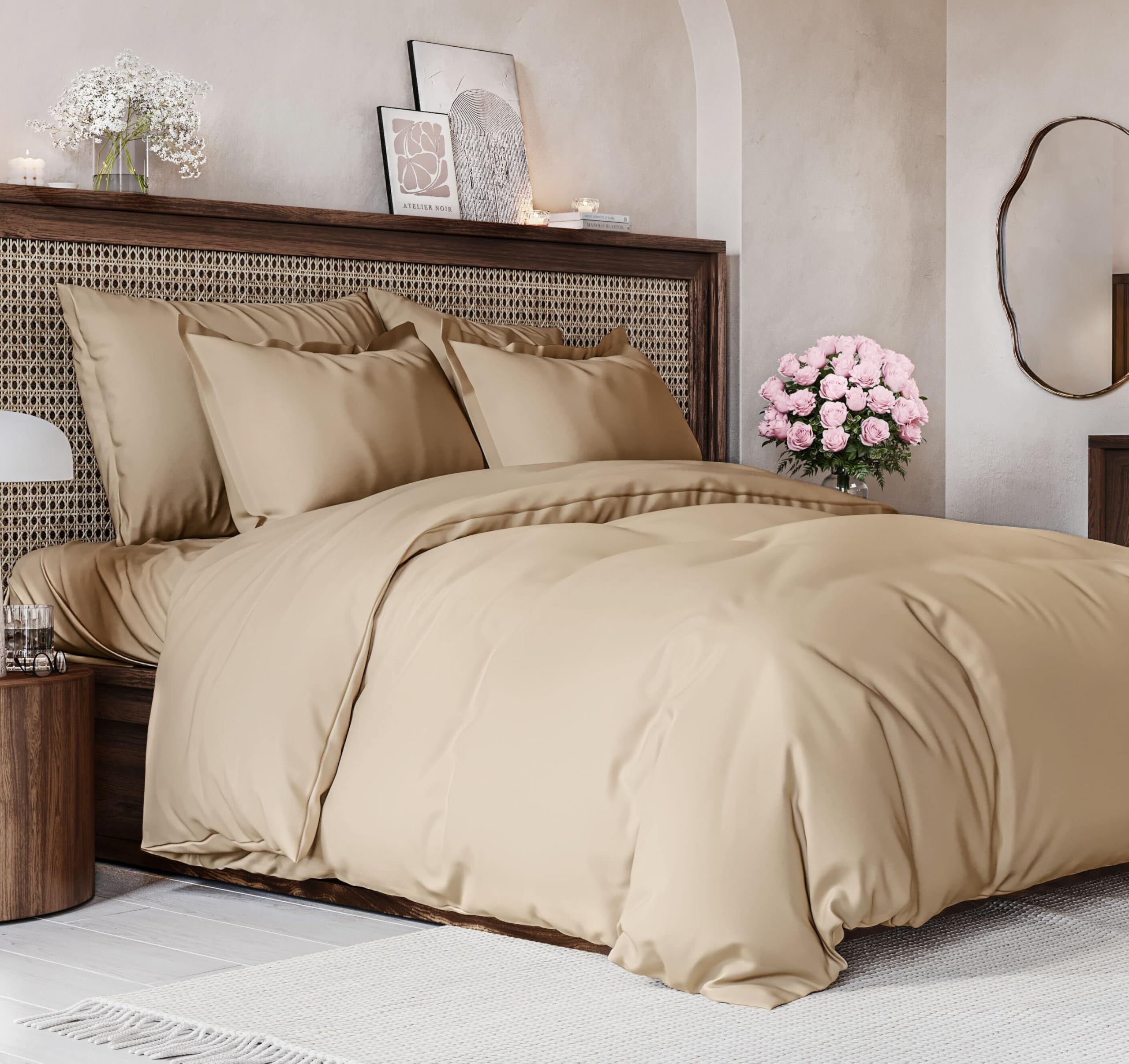 Duvet Cover Queen Size Set - Extra Soft Queen Size Duvet Cover - 90" x 90" Queen Duvet Cover w/ 2 Pillow Shams - Hotel Luxury, Easy Care & Fade Free - Comforter Cover w/Zipper Closures & Ties (Cream)