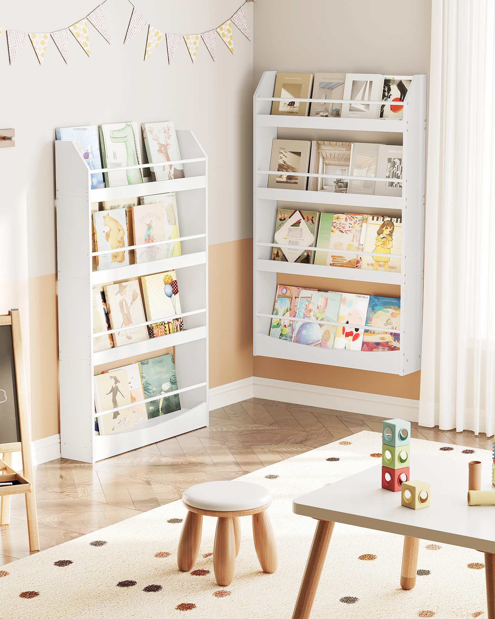 CHOEZON Kinderzimmer Möbel, 4-stöckiges Wandregal Bücher für Kinder, Bücherregal, Spielzeugaufbewahrung, Kinderregal, Präsentationsständer für Kinderzimmer, Spielzimmer, Weiß DMCW13WB