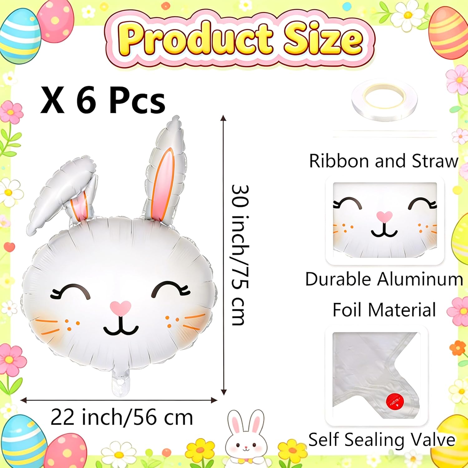 6 Pcs Bunny Balloons Easter Balloons 30 Inch Rabbit Head Foil Balloon for Bunny Easter Themed Party Birthday Party Decorations