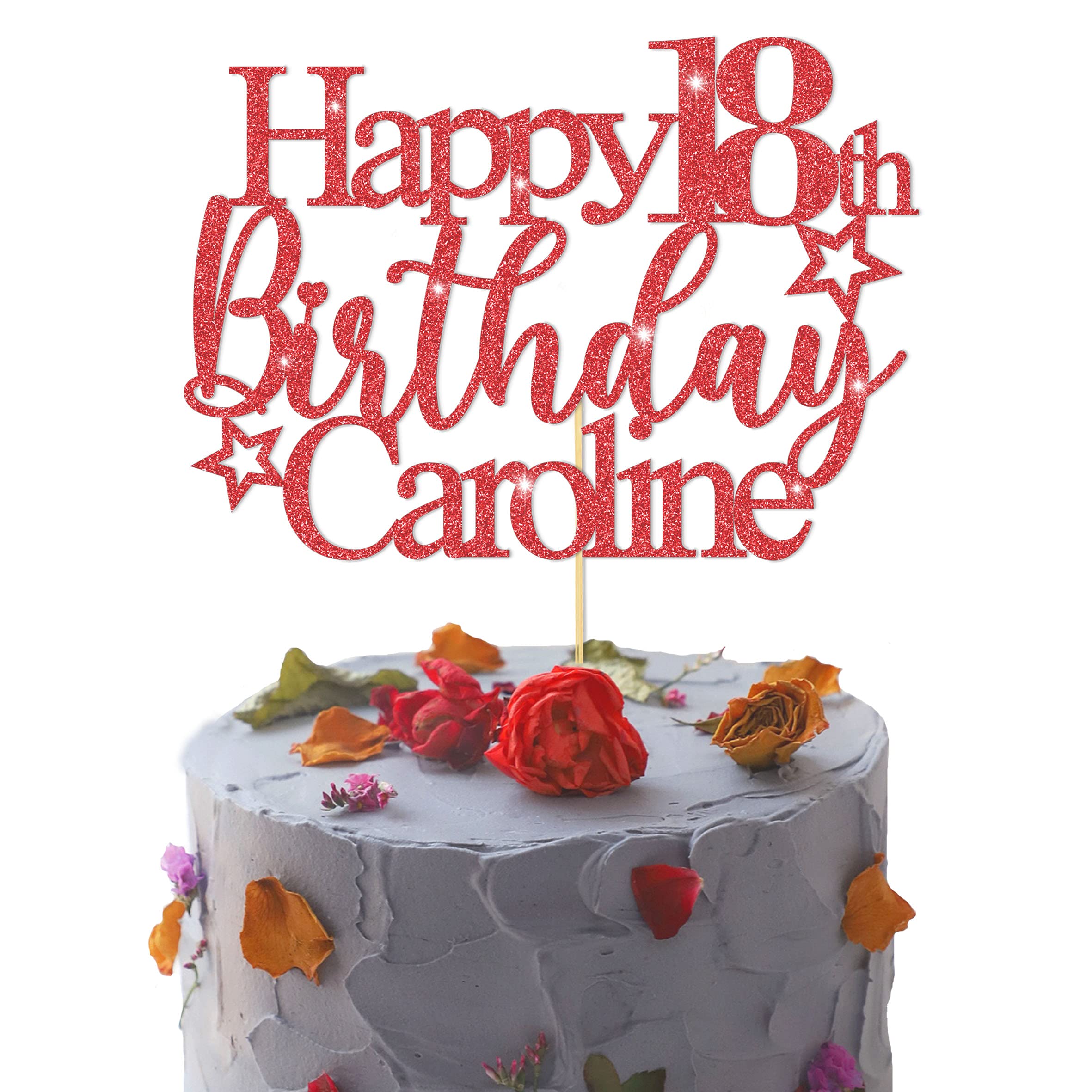 GuteGifts Personalised Happy Birthday Cake Topper | Custom Party Decoration with Any Name Age | Multicolour Glitter Cake Topper 13th 16th 18th 21st 30th 50th 60th 80th Handmade in UK (Red)
