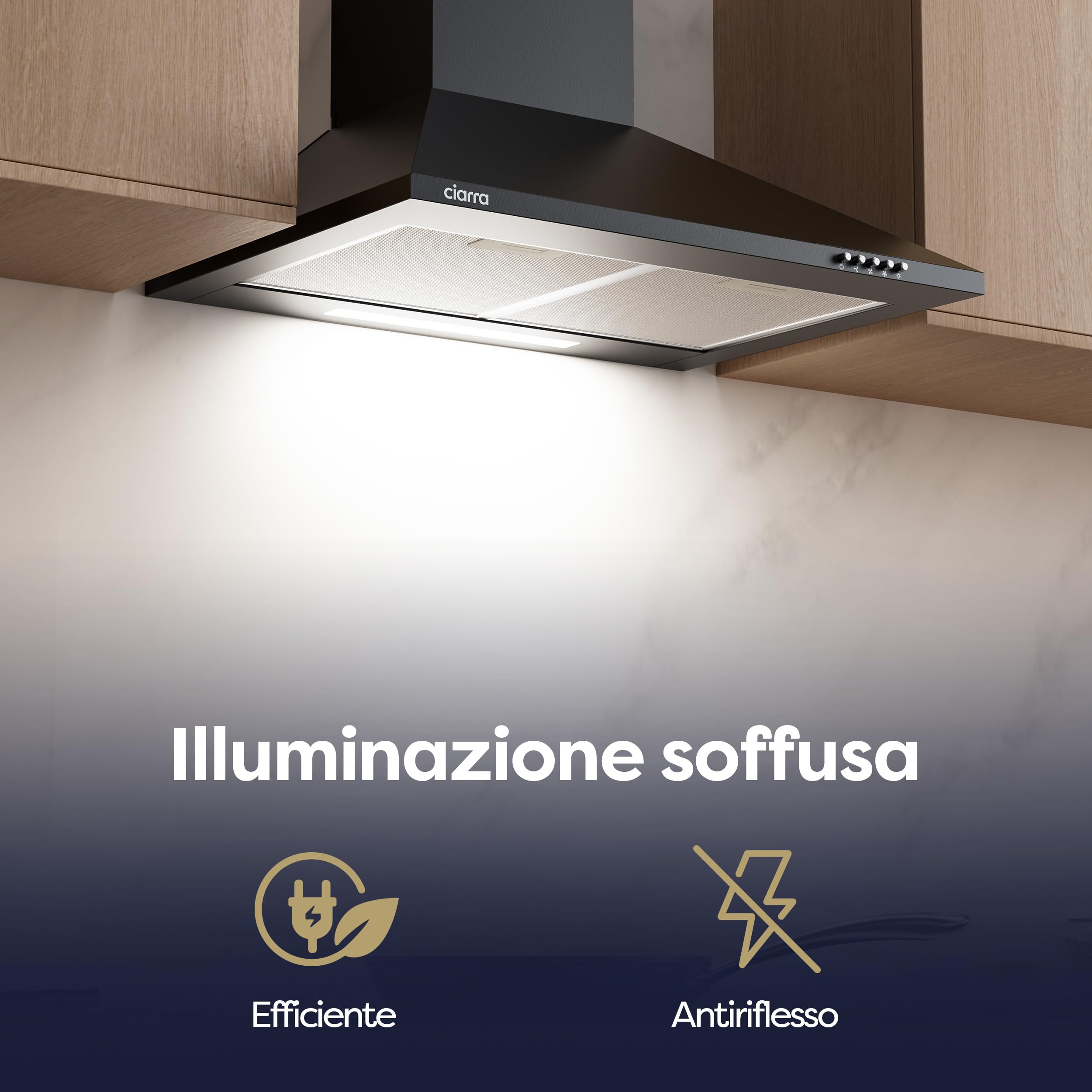 CIARRA CBCB6201 Cappa Aspirante Cucina 60 cm Classe A++ - Design Nero, 370 m³/h, 3 Livelli di Potenza, Montaggio a Parete con Filtro Carbone CBCF002X2