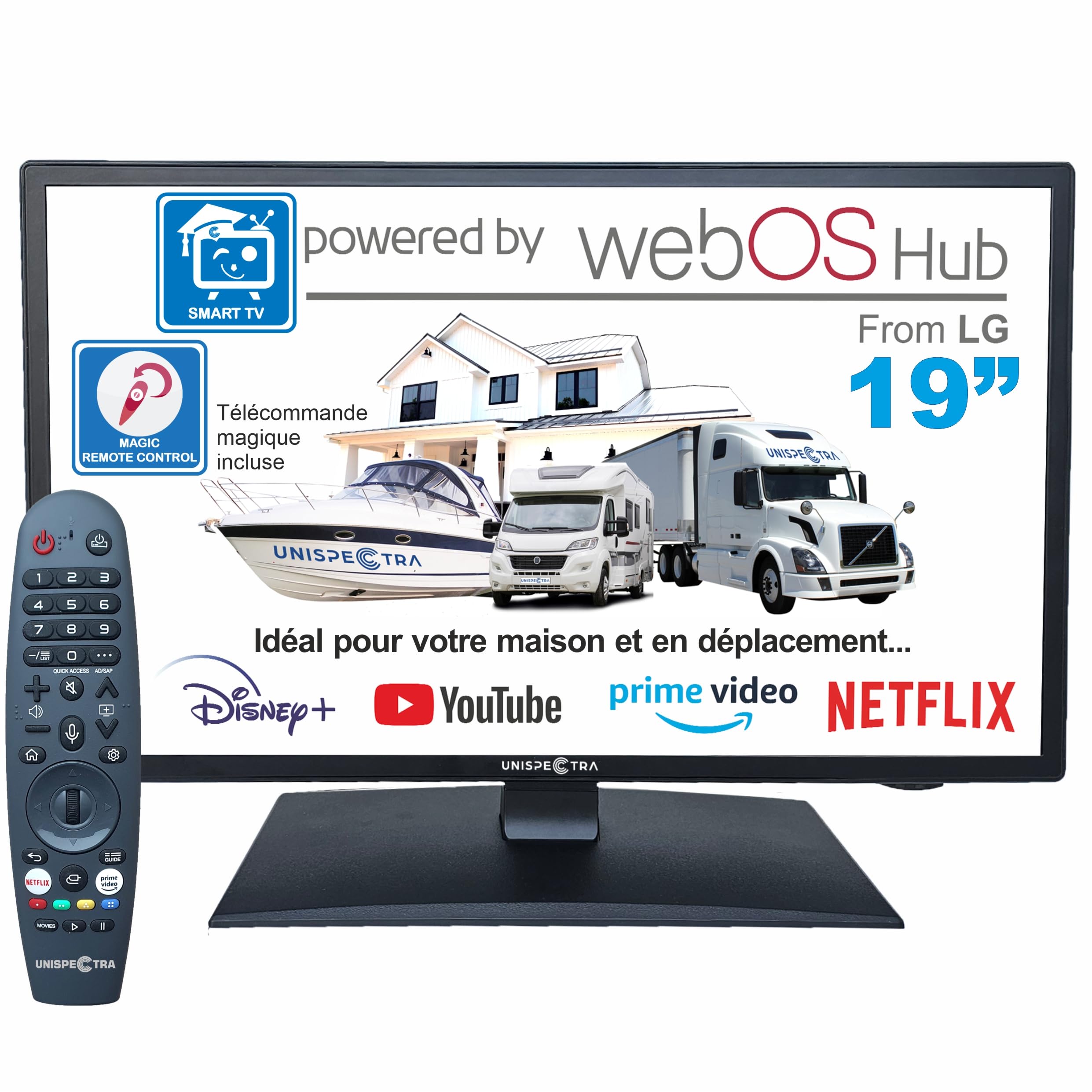 Unispectra ® 19” Smart TV (webOS) avec Télécommande Magique 12v HDR 230v 24v TV TNT et Tuner Sat 3xHDMI 2xUSB. Téléviseurs 12V pour Camping-Cars, caravanes, fourgonnettes, Bateaux