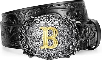 Western Cowboy Leather Belt Men Women, Gold Initial Letters ABCJMZ Buckle Embossed Belt for Jeans