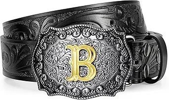 Western Cowboy Leather Belt Men Women, Gold Initial Letters ABCJMZ Buckle Embossed Belt for Jeans