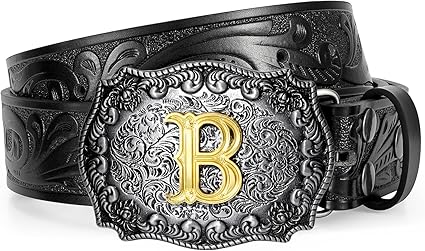 Western Cowboy Leather Belt Men Women, Gold Initial Letters ABCJMZ Buckle Embossed Belt for Jeans