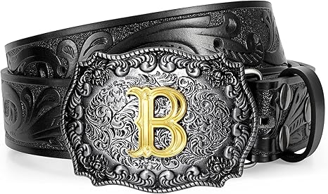 Western Cowboy Leather Belt Men Women, Gold Initial Letters ABCJMZ Buckle Embossed Belt for Jeans