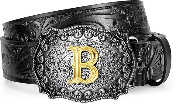 Western Cowboy Leather Belt Men Women, Gold Initial Letters ABCJMZ Buckle Embossed Belt for Jeans