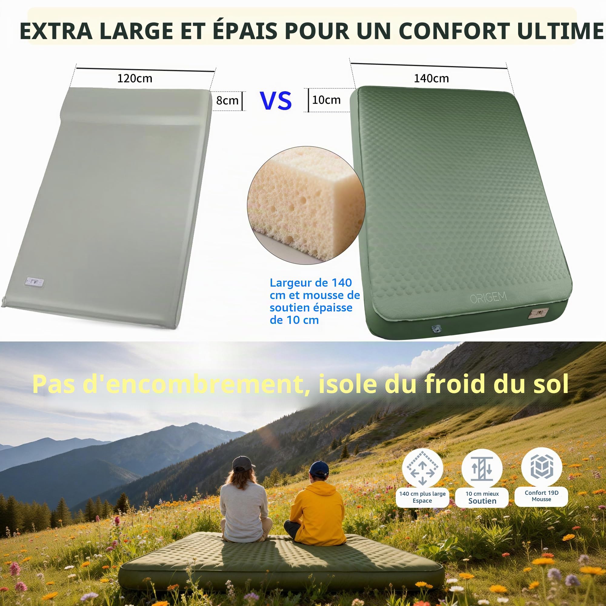 Origem Matelas Camping 2 Personnes Épais en Mousse avec Pompe Électrique | Largeur 140 cm, épaisseur 10 cm, gonflage et dégonflage facile, Matelas gonflable 2 personnes pour camping et randonnée