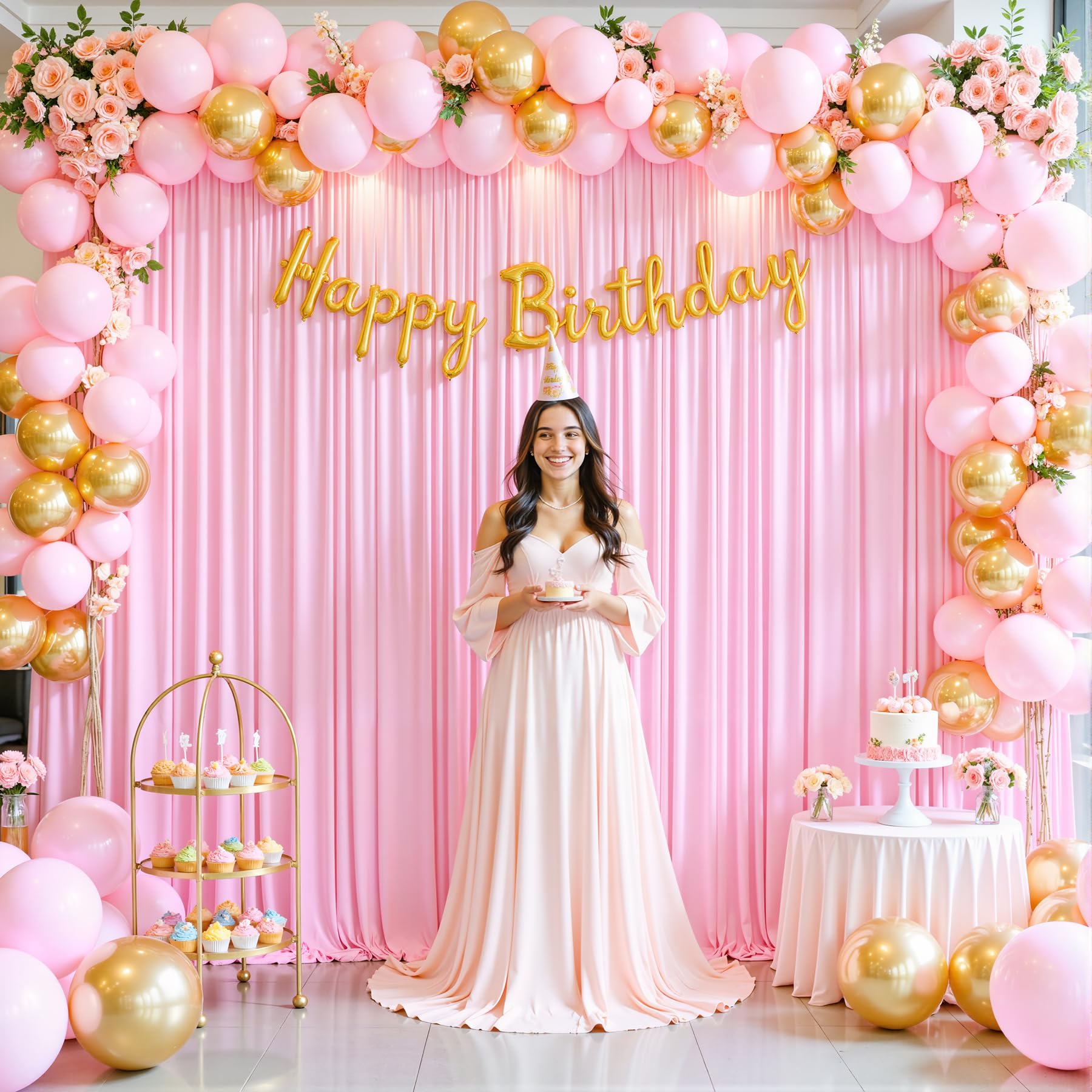 Photo 1 of 10ft x 7ft Pink Backdrop Curtain for Parties Light Pink Wrinkle Free Backdrop Drapes Panels for Baby Shower Wedding Birthday Photo Gender Reveal Photography Polyester Fabric Background Decoration