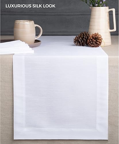 Miniatura 2 de D'Moksha Homes Camino de mesa blanco de 14 x 72 pulgadas, seda vegana, elegante camino de mesa de seda blanca de 72 pulgadas, lavable a máquina para