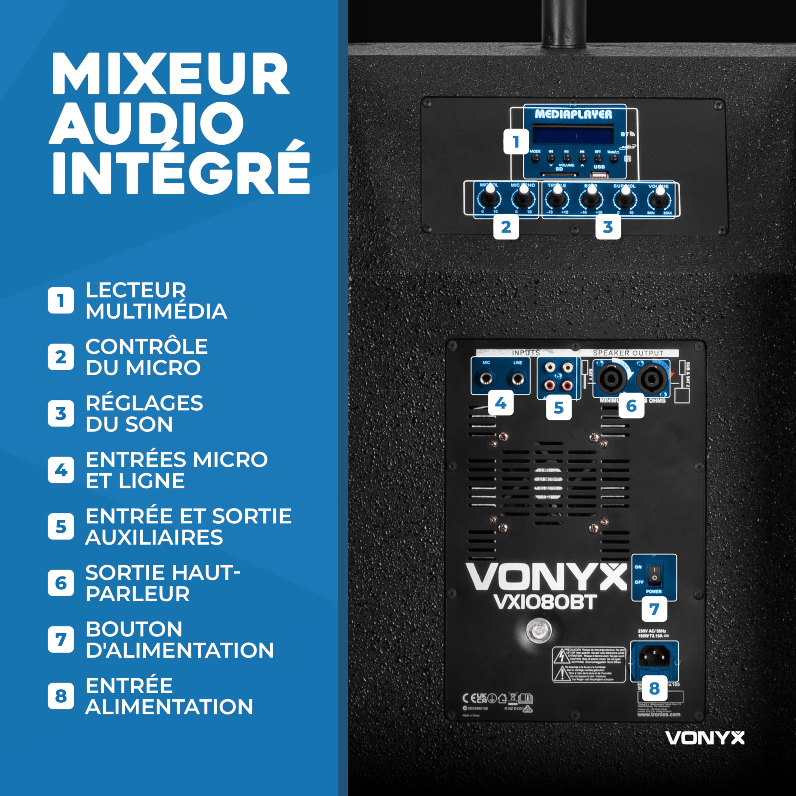 VONYX VX1080BT Pack Sono DJ Actif 2.2 avec Double Subwoofer 15 Pouces, Enceintes 4x4.5, Bluetooth 5.3, USB, Micro, Trépieds, Idéal pour DJ, Soirées, Karaokés, Événements et Présentations
