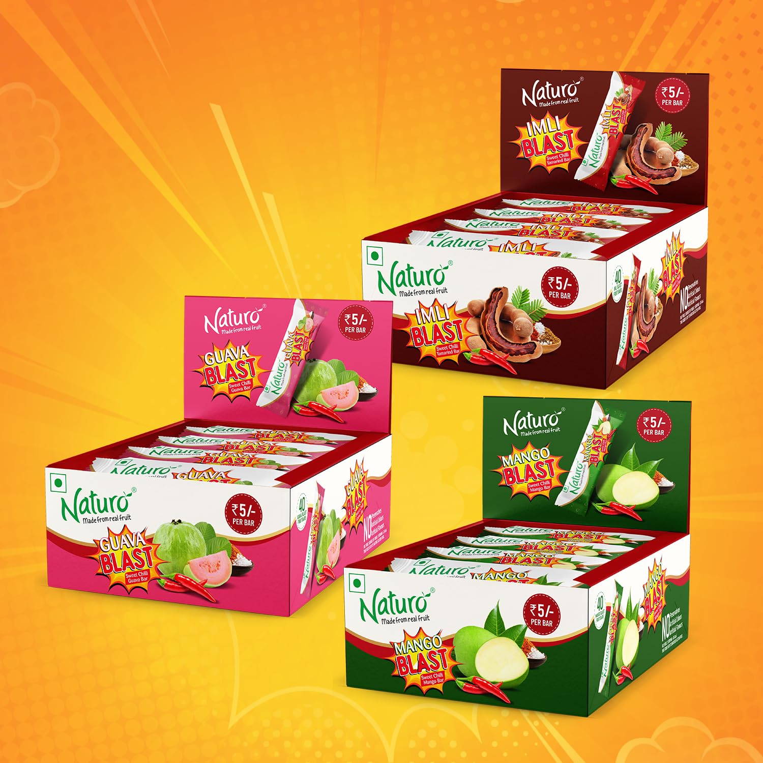 Naturo Blast, Sweet Chilli Fruit Bars – Mango, Guava & Imli | Pack | Spicy & Sweet Snack | Travel Pack | Fun Fruit Snacks | 40 Bars Dispenser X 3 | Gifting & On-the-Go Treat
