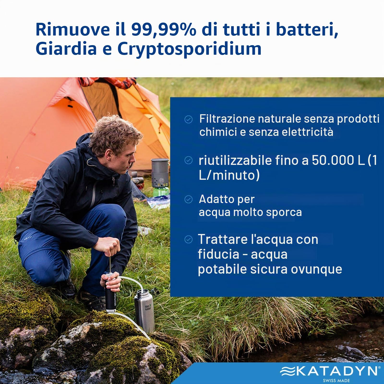 Filtro per l'acqua tascabile Katadyn da 1,0 l, serie Tactical - Filtro per l'acqua da esterno per purificare fino a 50.000 l di acqua potabile per viaggi, attività all'aria aperta