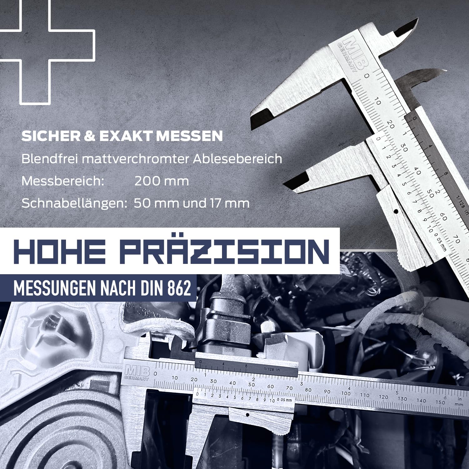 MIB Messschieber mit Momentverstellung DIN 862 200mm | Schieblehre Analog Edelstahl | Messschieber | Schublehre Metall | Messwerkzeug | Caliper | Durchmesser Messgerät | Schiebelehre Metall