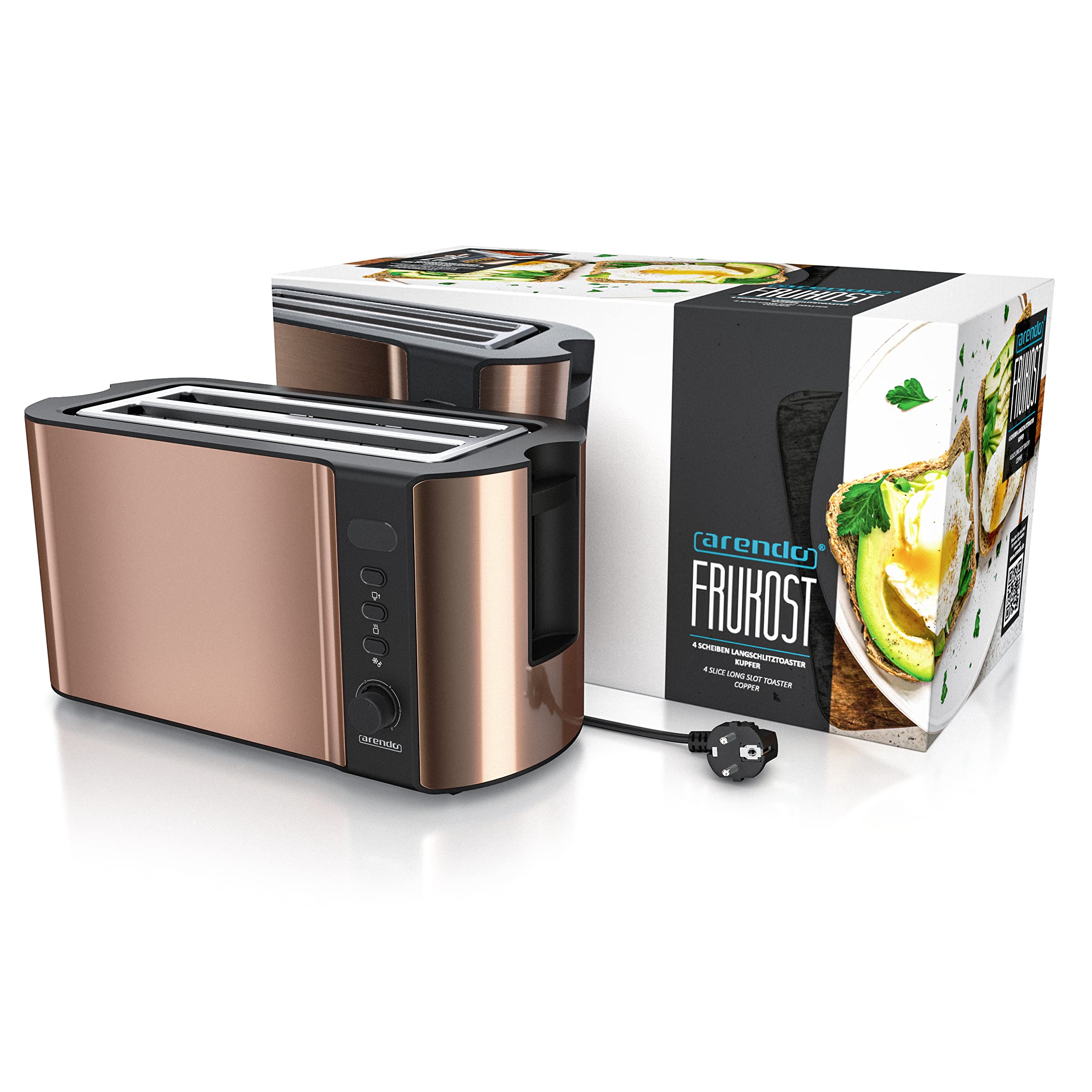 arendo - Tostapane a 2 Fessure XXL - Funzione Scongelamento – Doppia Parete termoisolante - con Accessorio scalda Cornetto - 1500W - Vassoio raccogli briciole - Display con Tempo rimanente - Rame