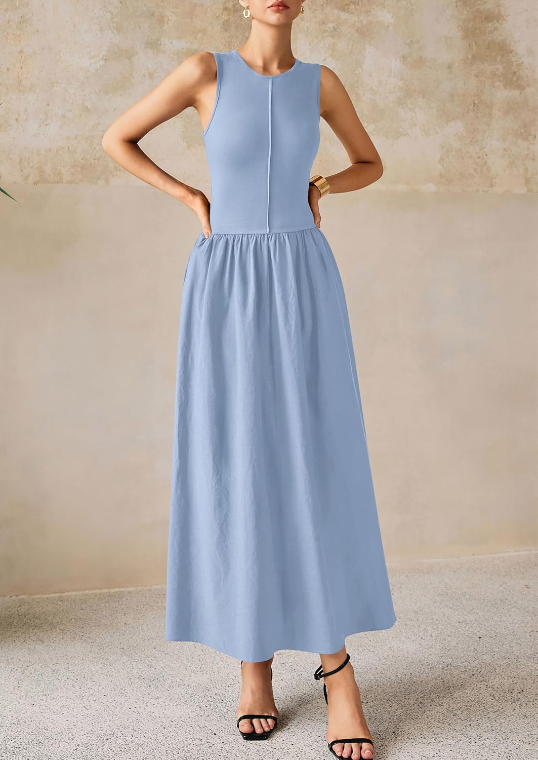 PRETTYGARDEN Maxi Dresses for Women 2026 Summer Casual Sleeveless Patchwork Flowy Vacation Sundress Knit Long Work Tank Dress