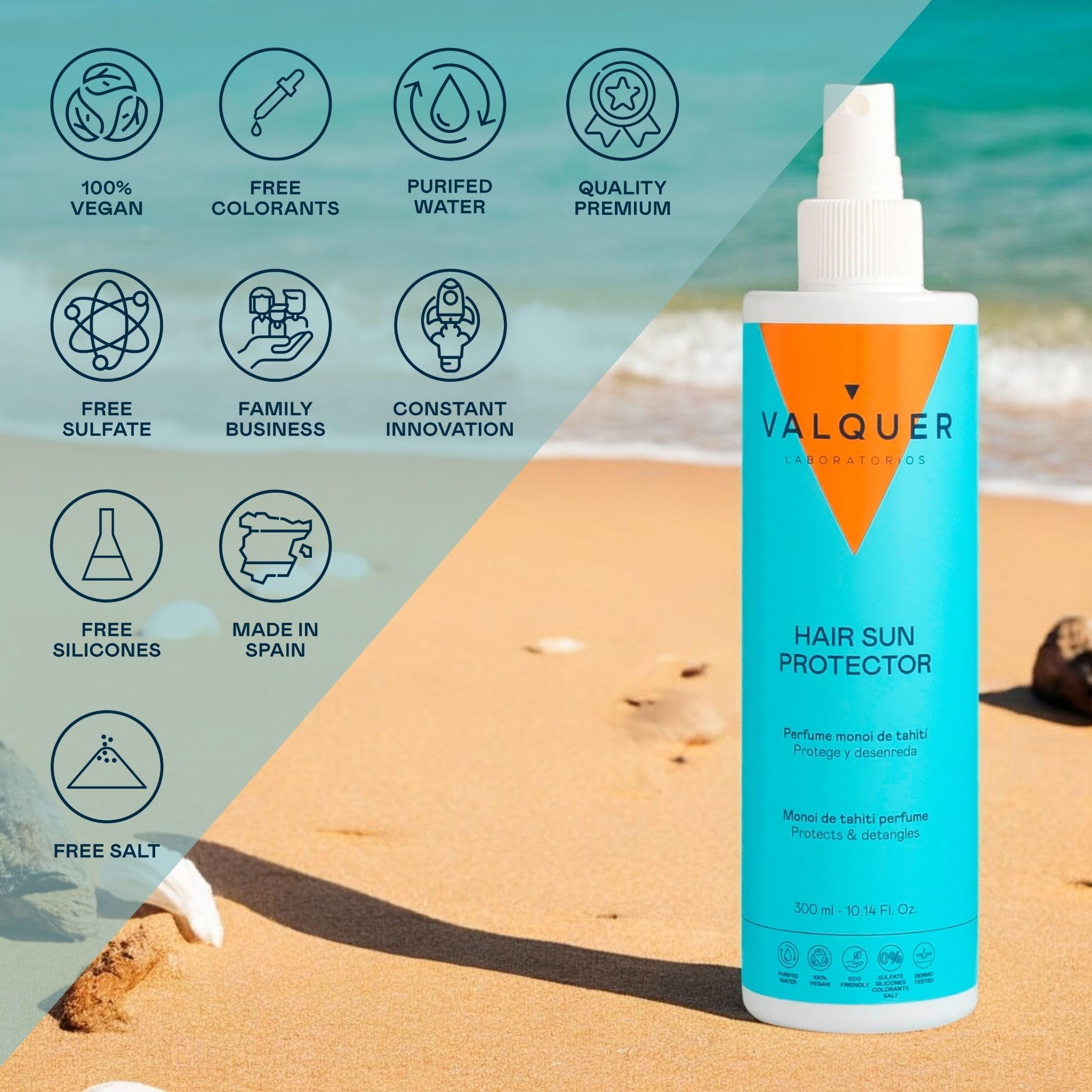 VALQUER Valisol Ochronny Spray do Włosów na Słońce | Ochrona UV przed Słońcem Chlorem i Solą Morską | Z Witaminą E i Prowitaminą B5 | Bez Spłukiwania | Wegański | 300 ml