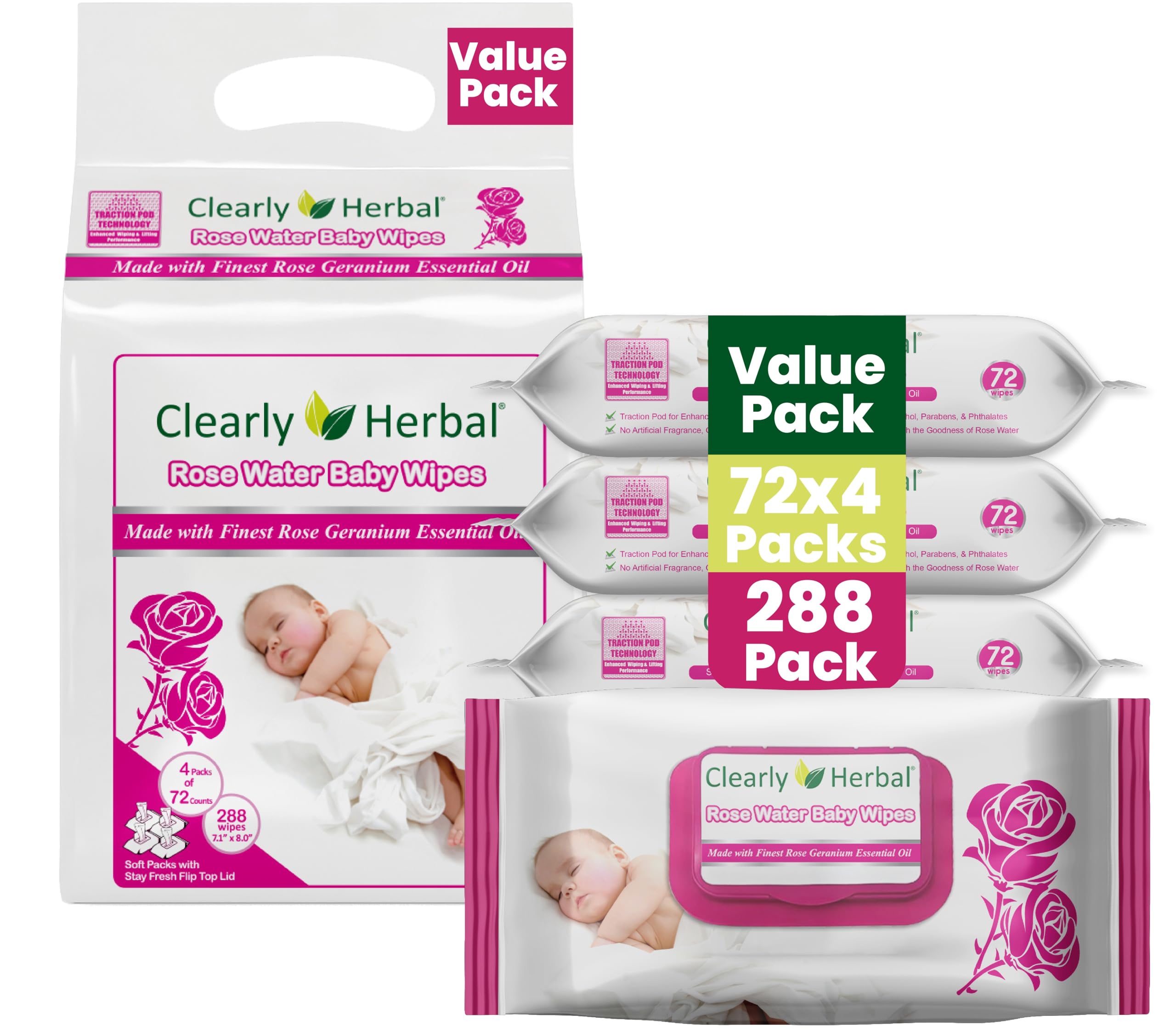 Clearly Herbal Baby Wipes, Rose Water Formula, made with Essential Oils and Natural Herbal Extracts, Bundle Pack 288 Plant Based Wipes (4 Packs x 72